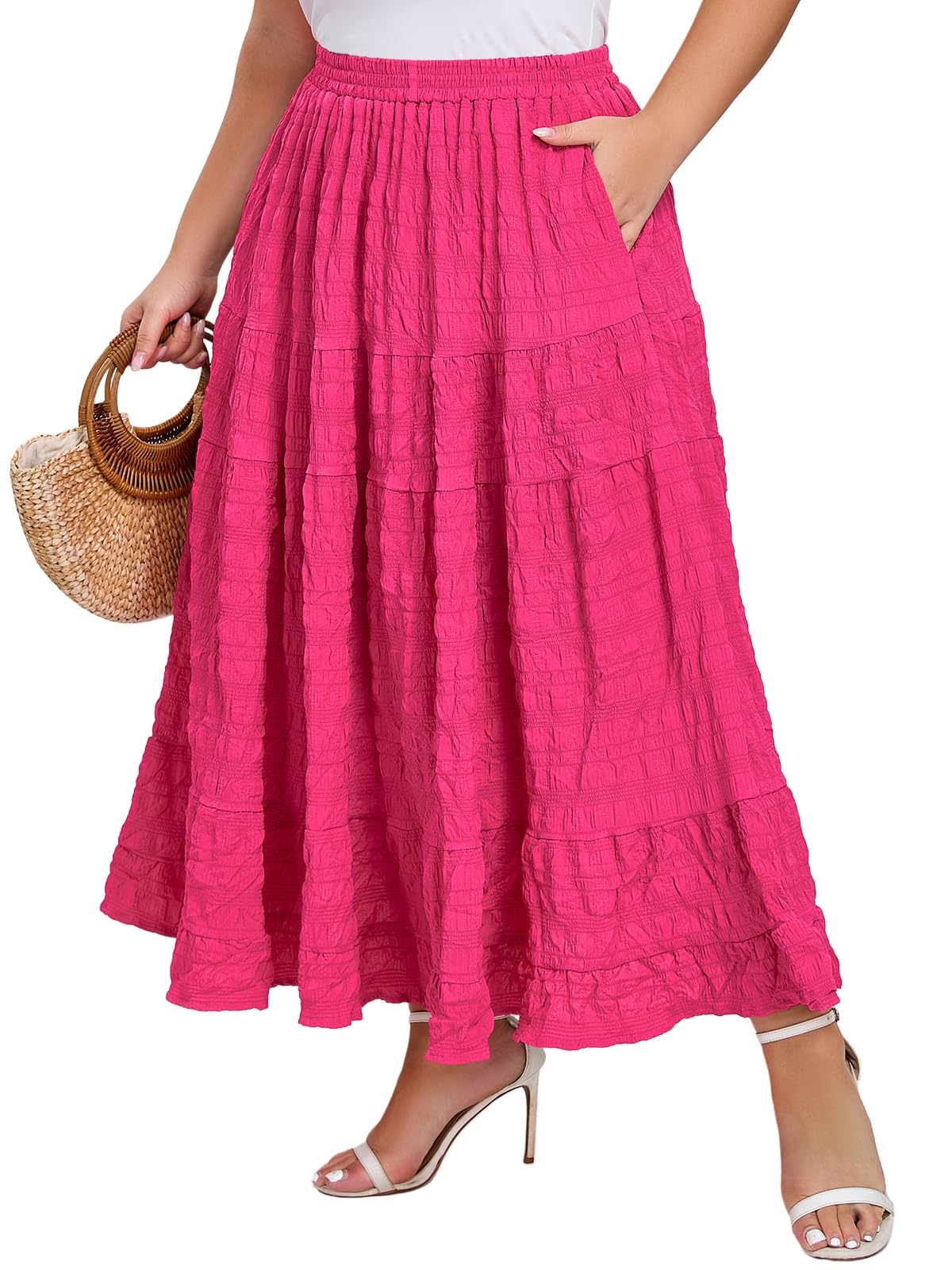 Moon Wood Womens Plus Size Tiered Maxi Skirt Elastic High Waist A-Line Flowy Long Skirts with Pockets