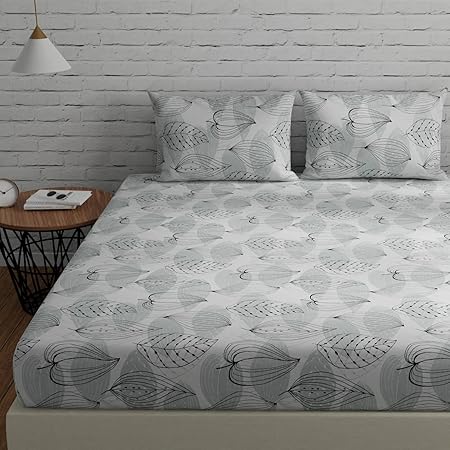 HUESLAND by Ahmedabad Cotton 144 TC Cotton Bedsheet for Double Bed with 2 Pillow Covers - Grey, Black & White