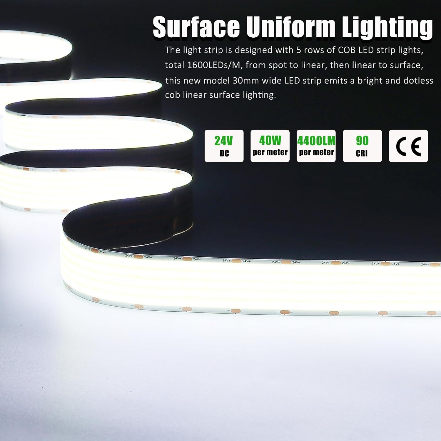 JOYLIT 30MM Wide COB LED Strip Lights 24V Cool White 6000K 16.4FT/5M 8000LEDs 22000LM Ultra Bright, 5 Rows LED Tape Light CRI 90+ 160W Dimmable Indoor Light Strip for Commercial, Home, Industrial - Image 2