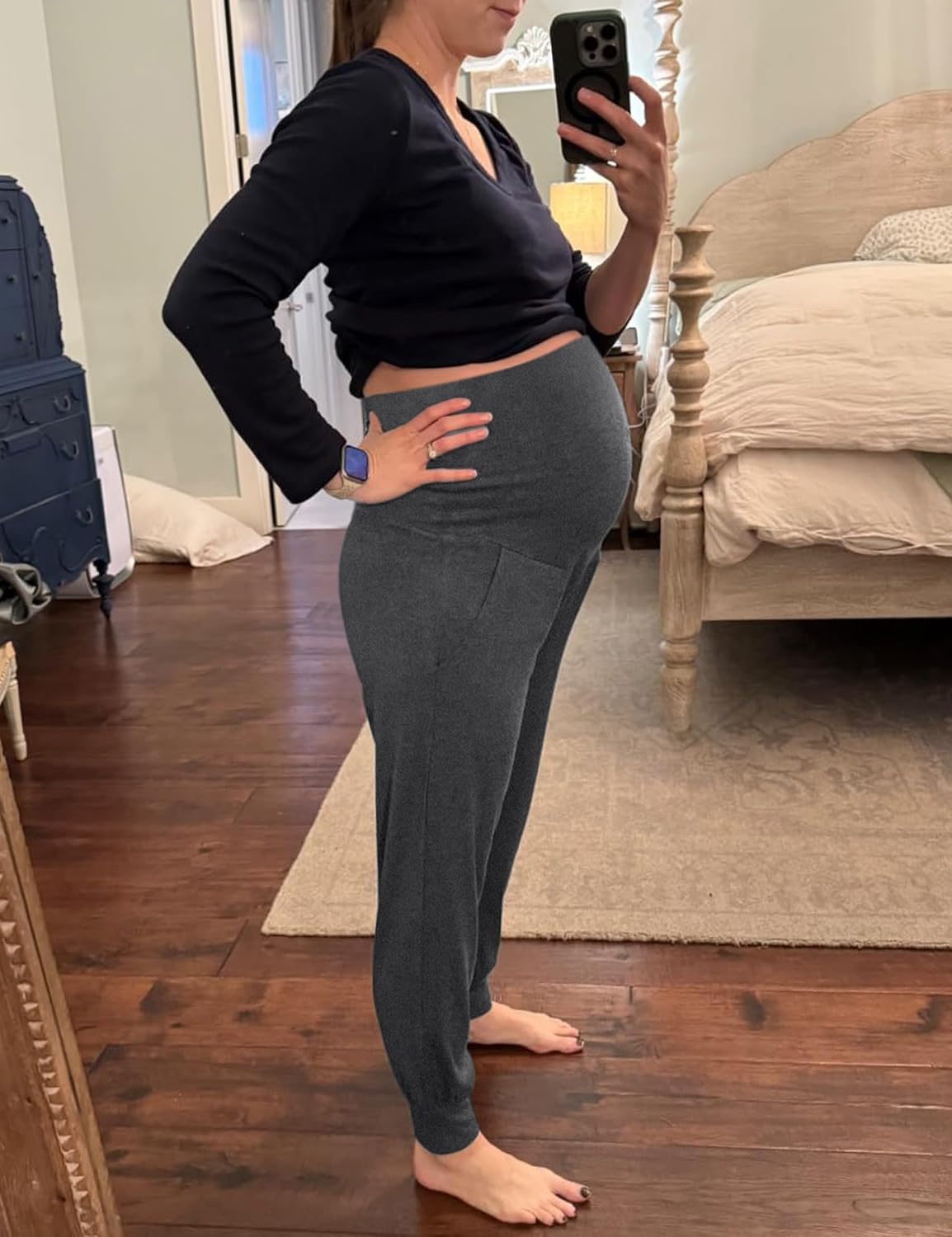 Peauty Women's Maternity Pants with Pockets,Over The Belly Stretchy Maternity Activewear Jogger Track Cuff Pregnancy Pants