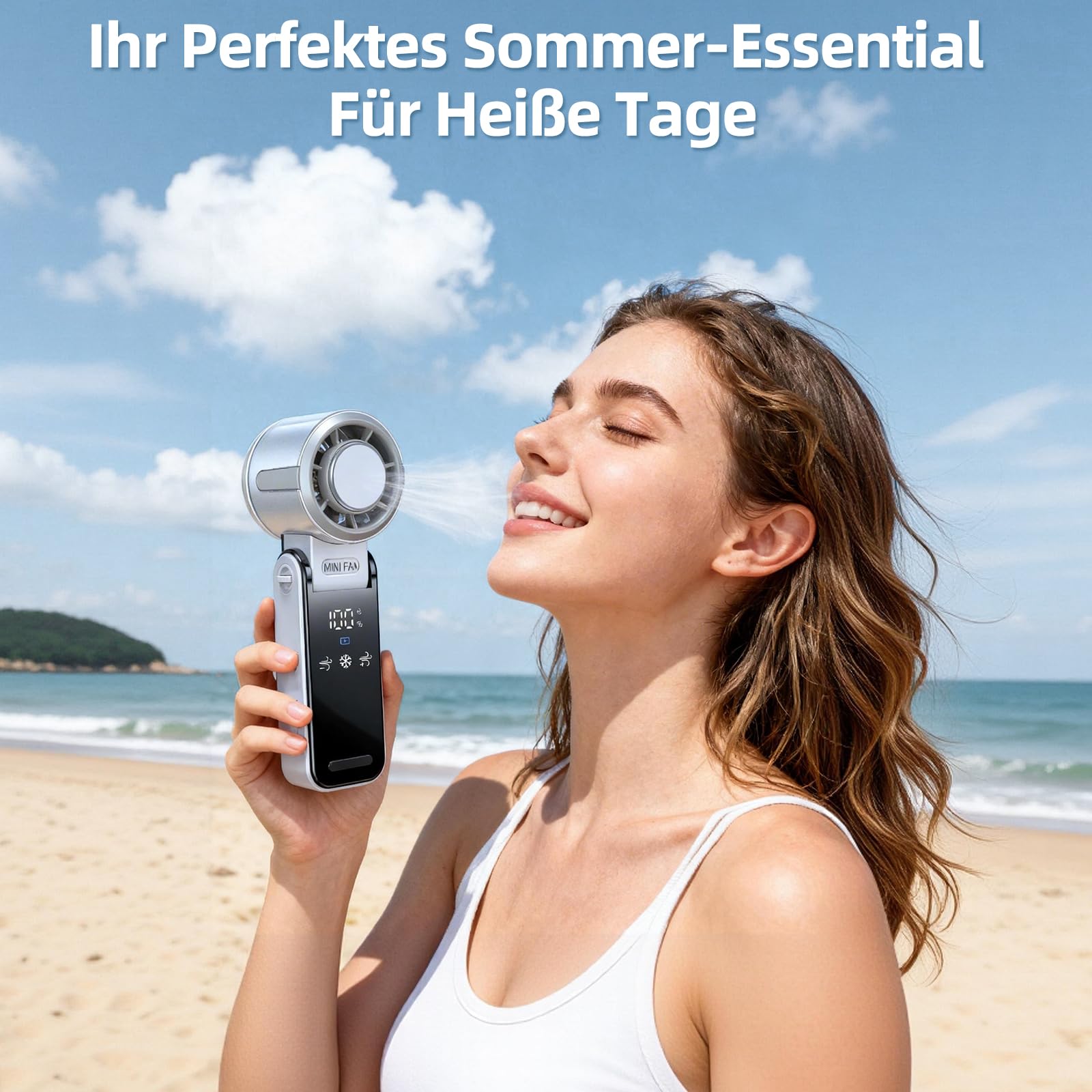 Handventilator Akku Aufladbar, Tragbarer Klein Turbo-Ventilator mit 100 Stufen Wind, 3-in-1 Mini Ventilator Leise für Hand, Hals und Tisch, Faltbarer USB Fan für Reisen, Büro und Outdoor
