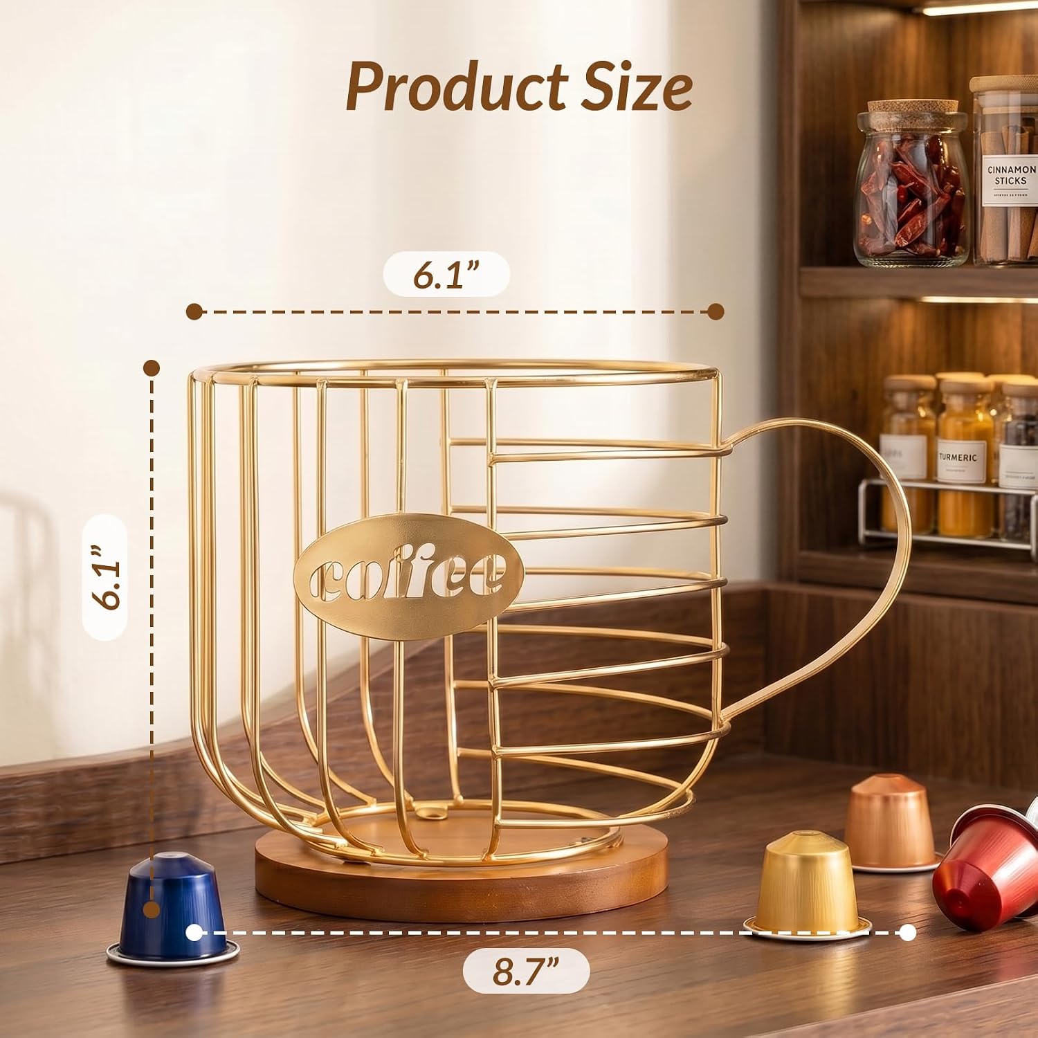 SpaceTime Coffee Pod Holder with Handle,Large Capacity Iron Coffee Capsule Storage Basket Organizer with Wooden Base,Sturdy Coffee Pod Basket for for Kitchen Bar Countertop & Office Desktop (Black)