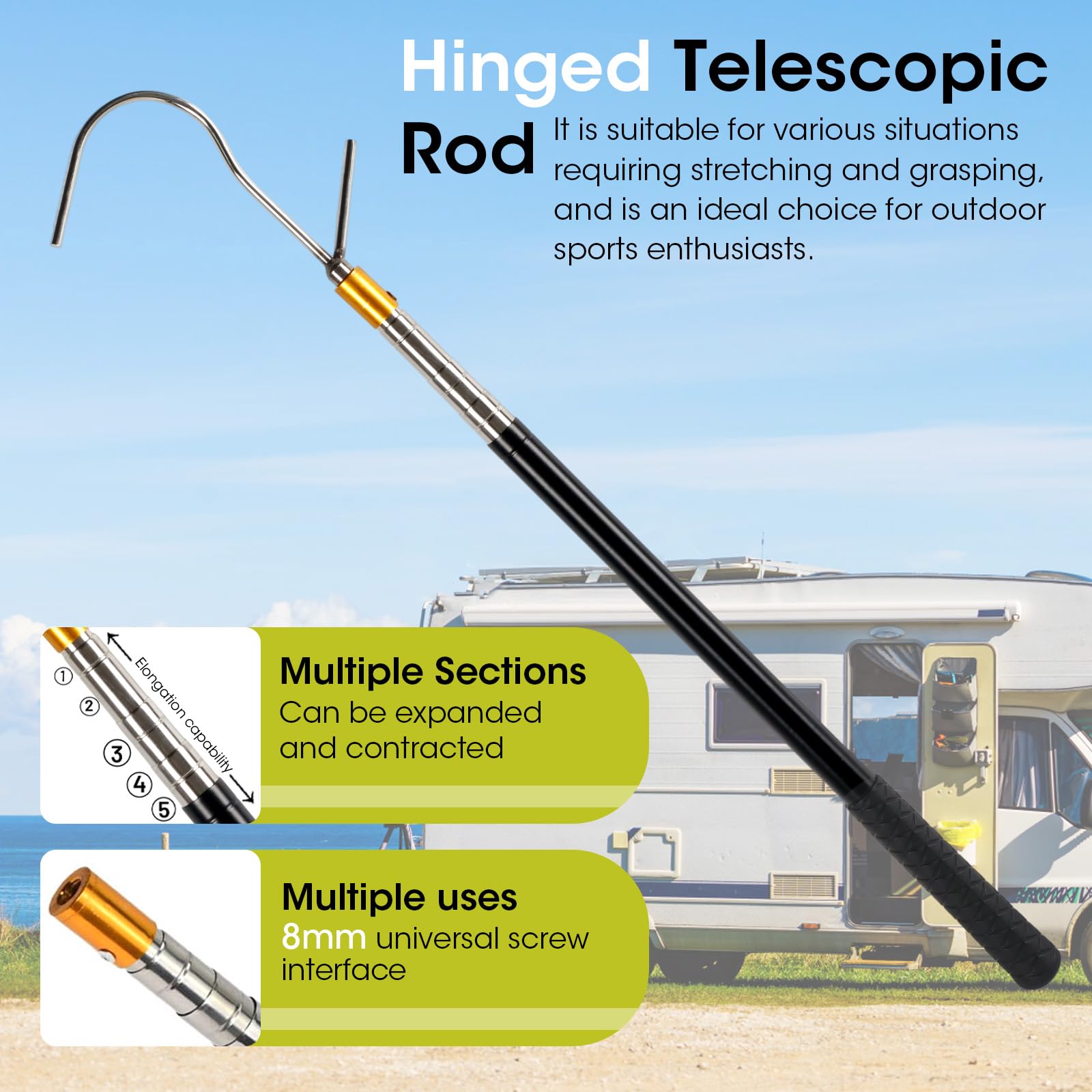 Asta Telescopica da 41 a 150 cm con Gancio in Acciaio Inox, Bastone Telescopico