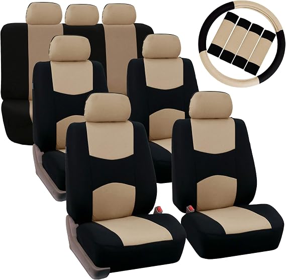 TLH Flat Cloth Beige Seat Covers 3 Row 7 Seaters w/Steering Wheel Cover and Seat Belt Pads Combo- Automotive Seat Covers, Interior Accessories Car Seat Protector for Cars, Auto, Trucks, SUV