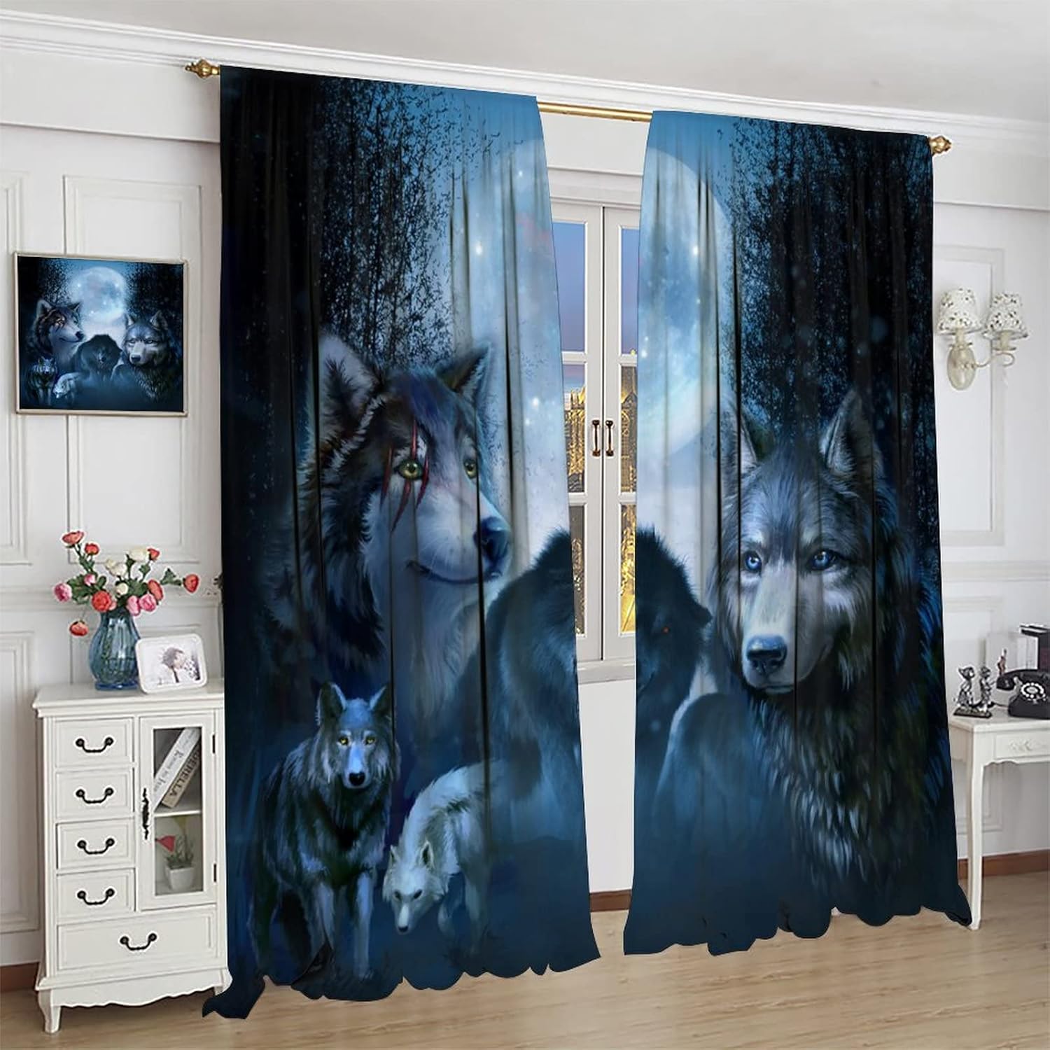 Gothic Wolf Rod Pocket Blackout Curtains for Living Room,Thermal Insulated Room Darkening Fantasy Forest Night Full Moon Cool Wolf Theme Window Treatment Drapes,2 Panels 84L x 42W