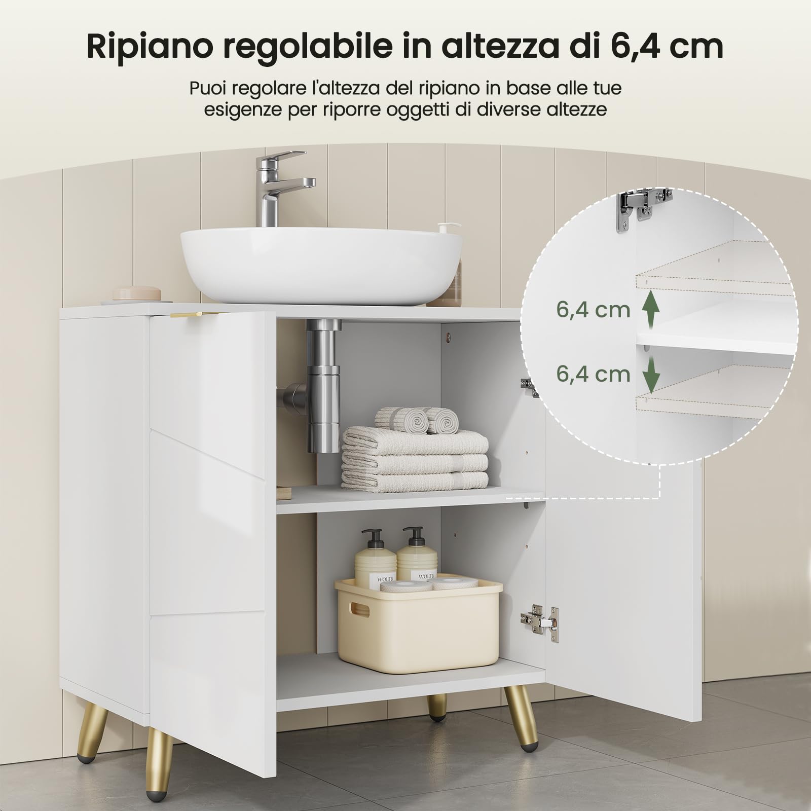 EUGAD Mobile Sottolavabo per Bagno, Armadietto Sotto Lavandino da Terra a 2 Ante, Mobiletto Copricolonna in Legno, con Ripiano Regolabile e Foro per Sifone, Bianco Lucido, 60x30x60cm