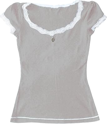 Womens Lace Trim Crop Tops Y2k Crew Neck Short Sleeve Basic Slim T-shirts E-girls Fairy Grunge Aesthetic Tee