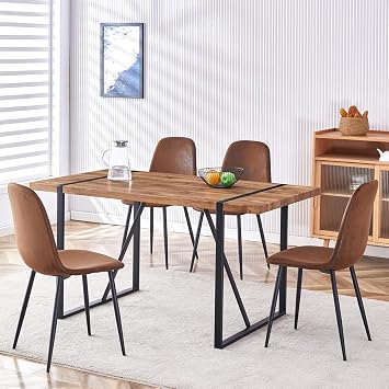 Dining Table Set for 4, Modern 55 Dark Wood Dining Table wth Fabric Dining Chairs 4,Table and Chairs Set of 4,Ideal for Kitchen Dining Room