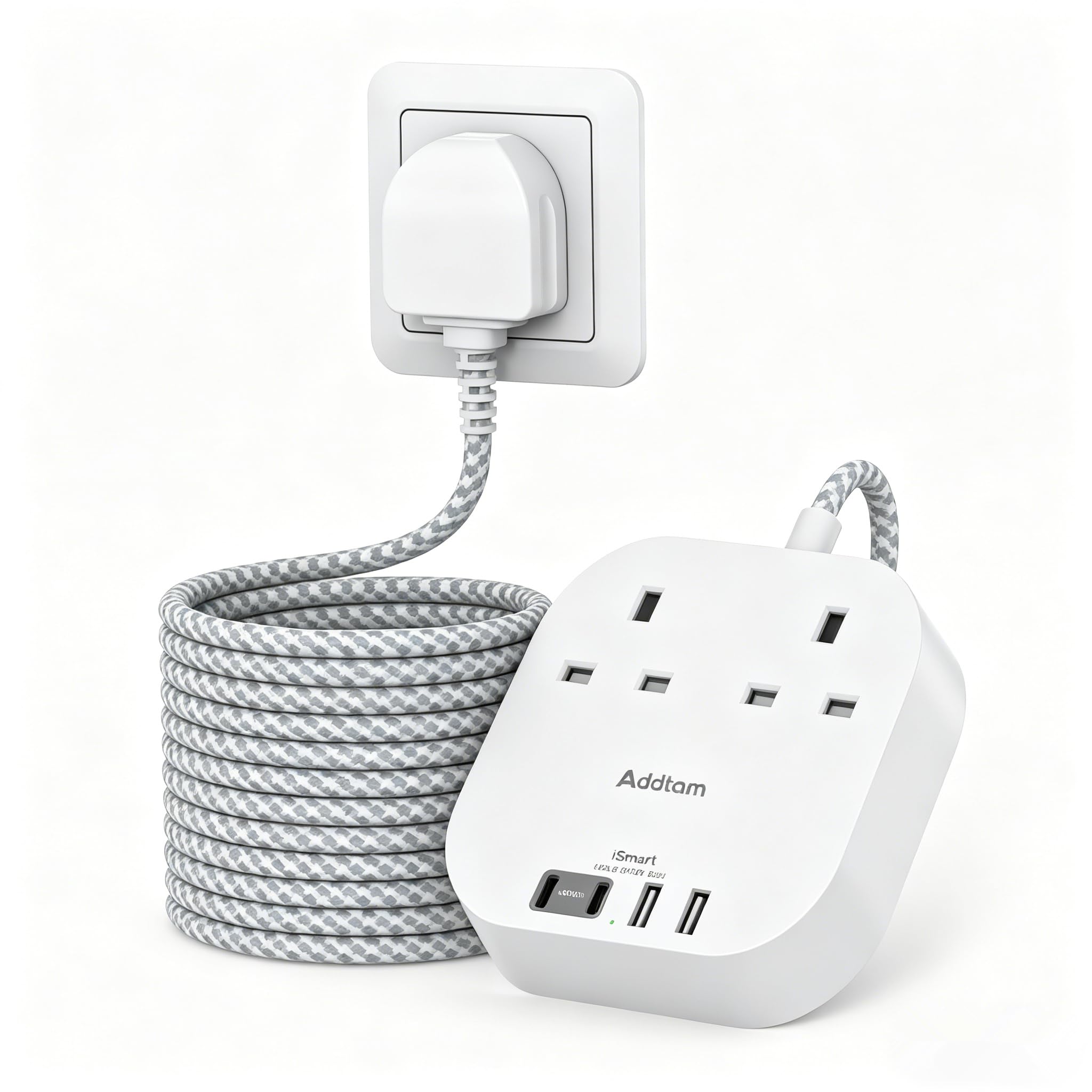 Addtam Extension Lead, Power Strip with 2 AC Outlets & 4 USB Ports (2 Type-C + 2 USB-A, 4.5A), Surge Protection Extension Socket with 1M Braided Cord for Home & Office
