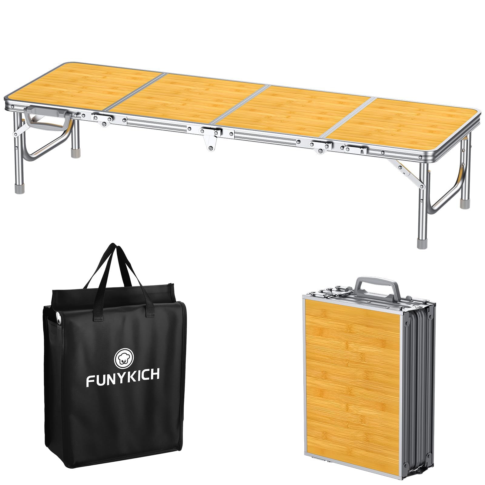 FUNYKICH 4ft Low Folding Picnic Table(116x40x26cm), Thicker Aluminum Legs Beach Table with Handle & Carry Bag, Lightweight Small Camping Table for Picnic Beach Camping Party, Yellow