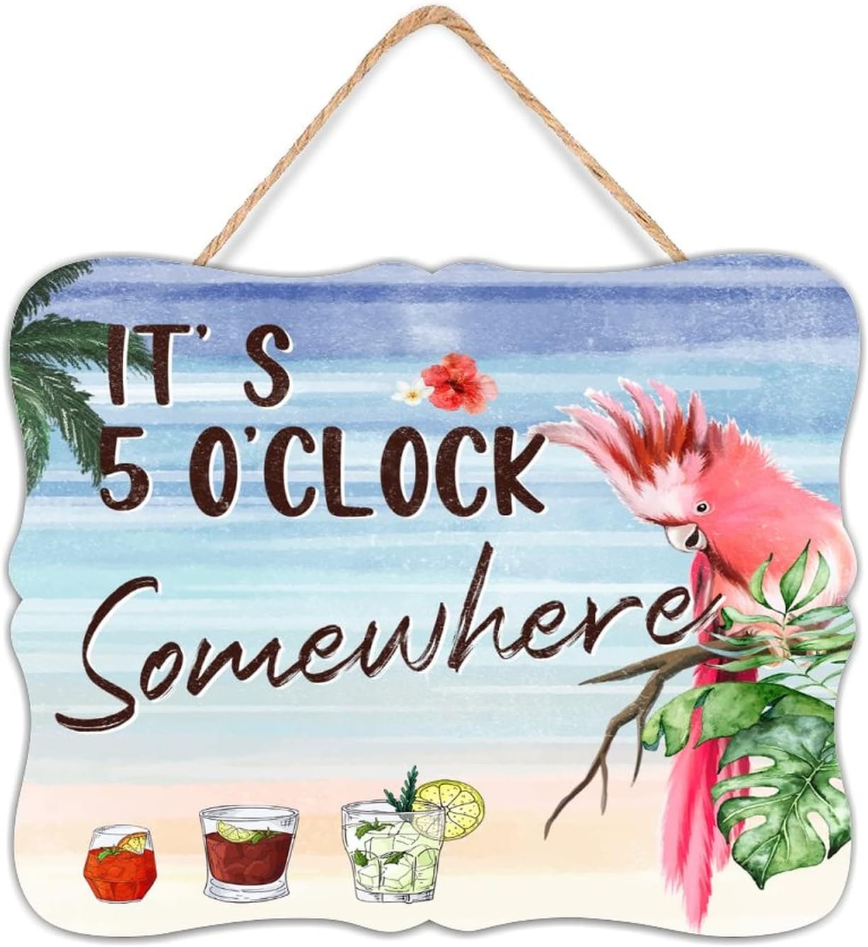 Cartello in legno con scritta in inglese It's Five O'clock Somewhere, decorazione da parete per porta d'ingresso, rustica, motivazionale, cartello in legno con pappagallo, uccello colorato