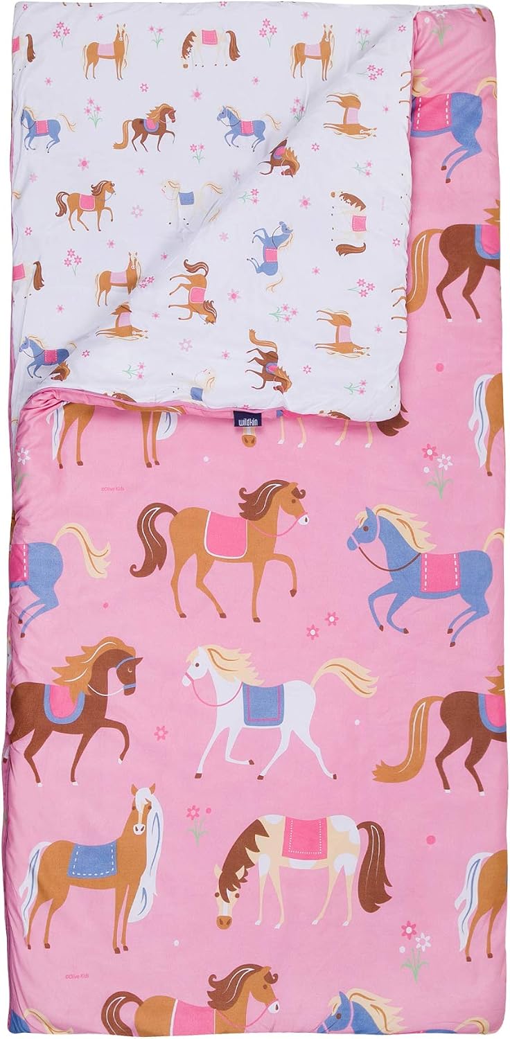 Wildkin Kids Microfiber Sleeping Bag – Roll-Up Design with Storage Bag for School, Travel & Camping - Horses