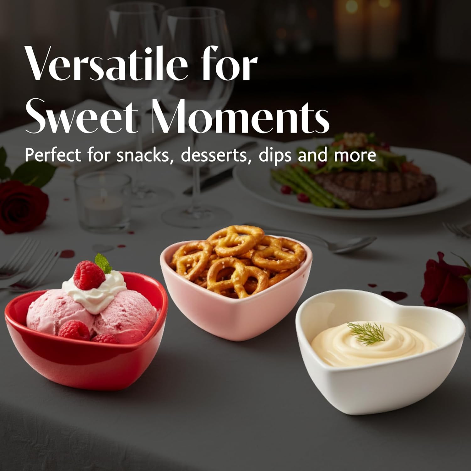 BIA Heart Dish Set of 3, 6 oz Heart Shaped Stoneware Serveware – Small Dishes for Snacks, Desserts, Dips, Spices & Condiments, Tabletop Bowls for Entertaining & Gifting