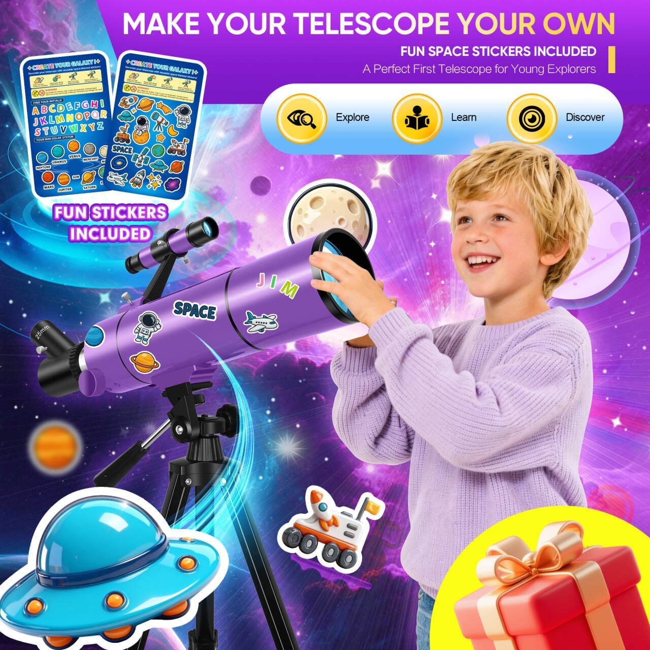 Telescope for Kids & Adults High Powered, 80mm Aperture 500mm Astronomy Refractor Telescope for Beginners (20X-150X), Portable with Adjustable Tripod, Phone Adapter, Backpack & Stickers (Purple)