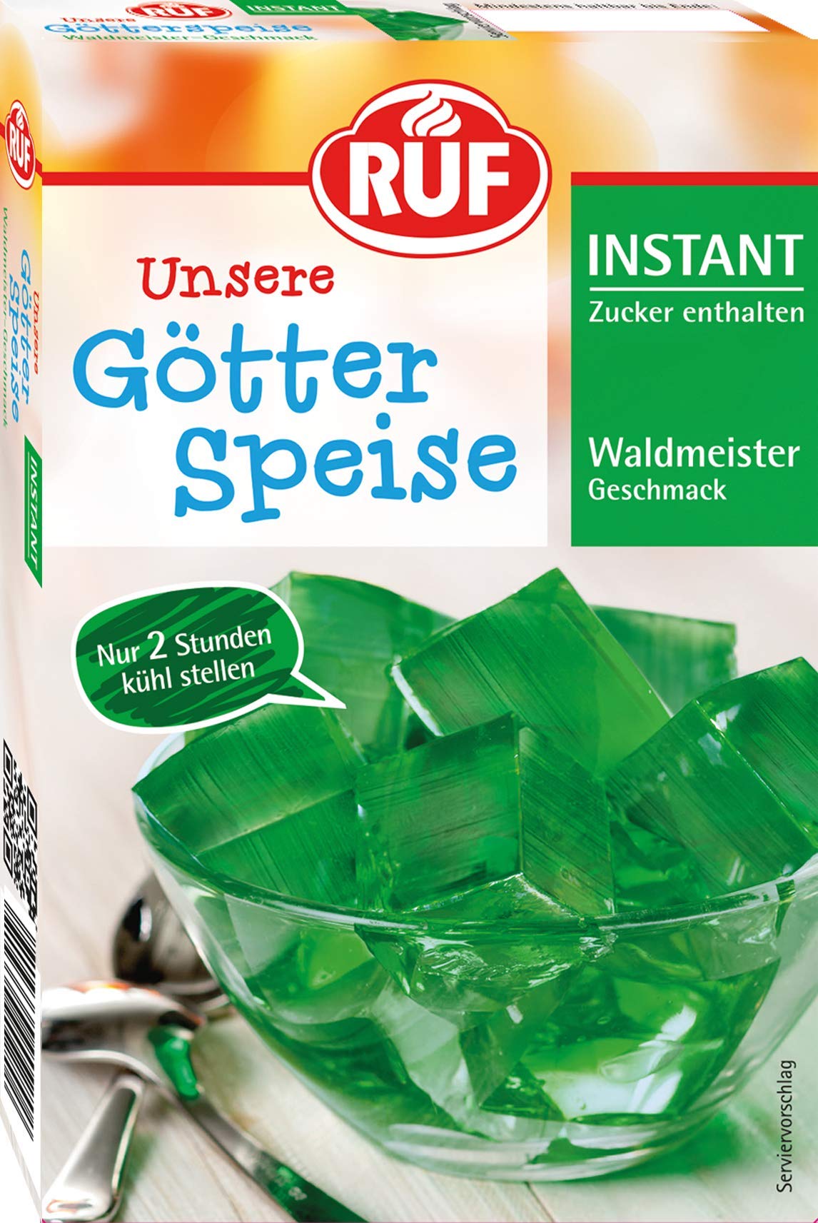 RUF Instant Götterspeise Waldmeister-Geschmack, Wackelpudding, Götterspeisenpulver, schnelle Zubereitung, nur Wasser hinzufügen, 1er Pack, 1 x 100g