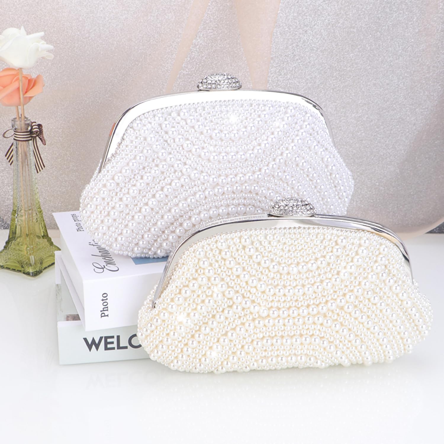 Aovtero Women Pearl Clutch Bride Bag Purse Wedding Prom Evening Bags Formal Full Beaded Handbag with Chain