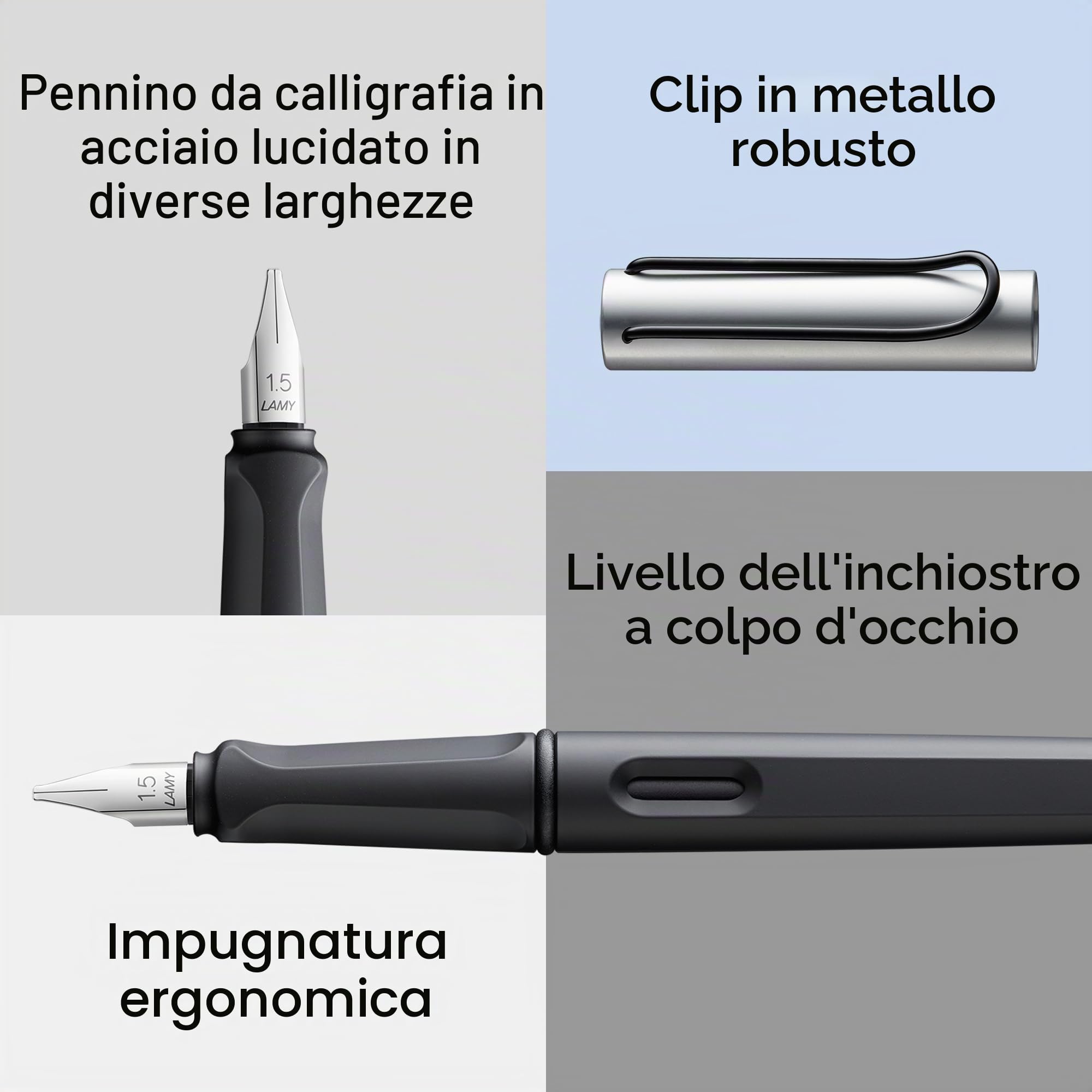 Lamy Set di penne calligrafiche joy AL black - con 3 pennini diversi (1,1/1,5/1,9 mm) - impugnatura ergonomica - 5 cartucce d'inchiostro T 10 blue