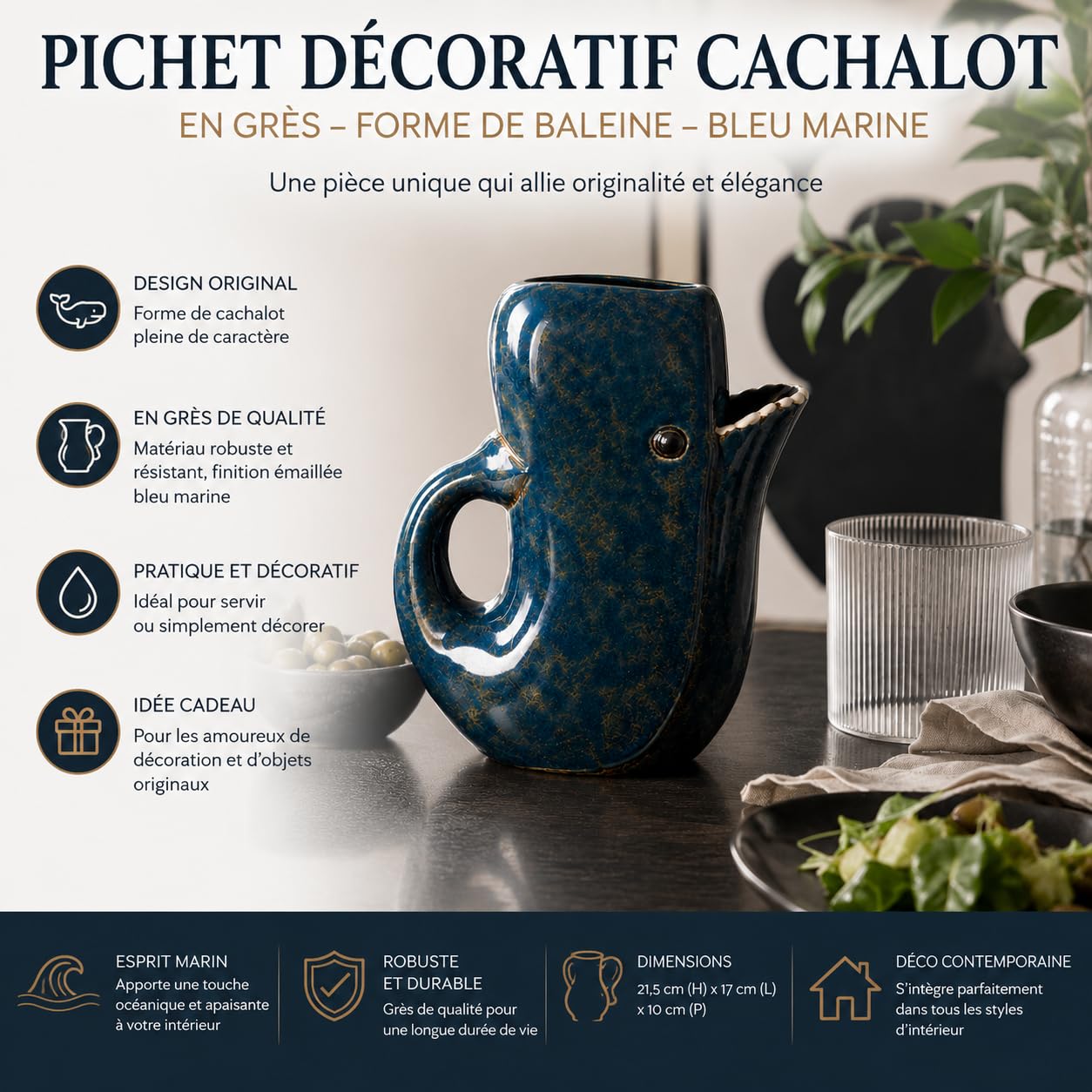 Pichet Décoratif Cachalot en Grès Bleu Marine – Carafe en Forme de Baleine, Objet de Décoration Original pour Cuisine, Salon ou Salle à Manger, 21,5 x 17 x 10 cm