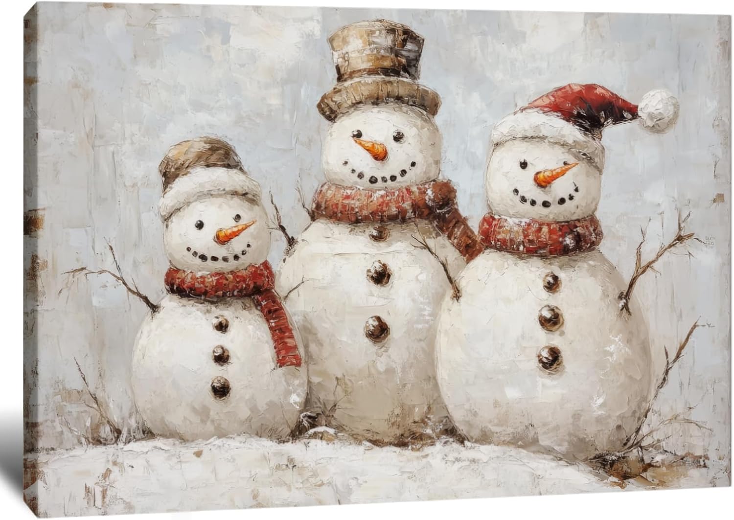 Poemwish Christmas Wall Decor, Trio Snowman Family Christmas Wall Art, Textured Oil Artwork, Cozy Winter Gathering Scene