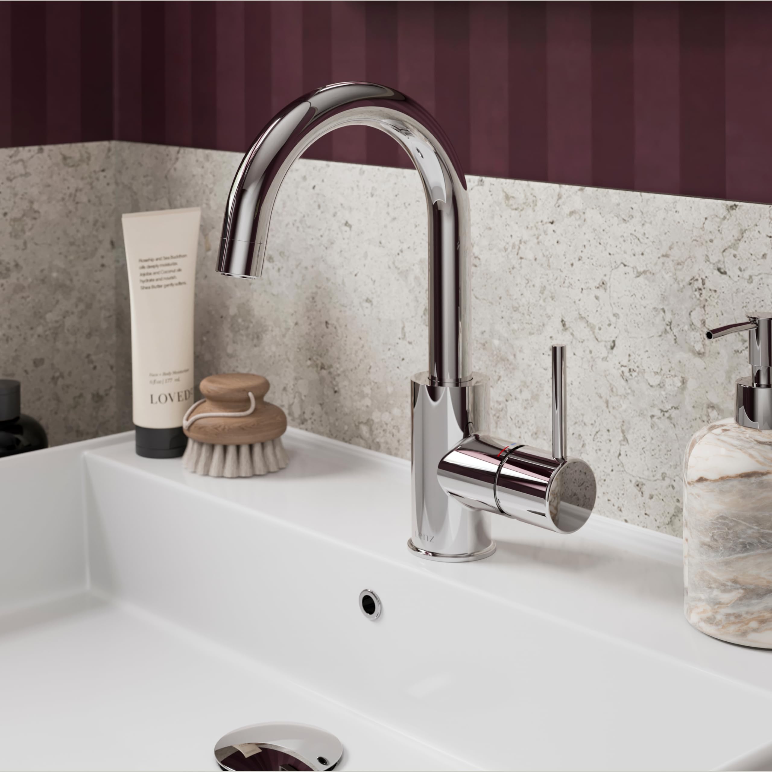 Lenz Waschtischarmatur Bow² in Chrom – 360° schwenkbarer Bogenauslauf – Mit EasyClean Pop-Up Ventil – EasyFix Befestigung von oben – Hochwertige & pflegeleichte Oberfläche – 46010202 | Badarmatur mit Anti-Kalk Markenmischdüse, Keramikkartusche, Befestigun