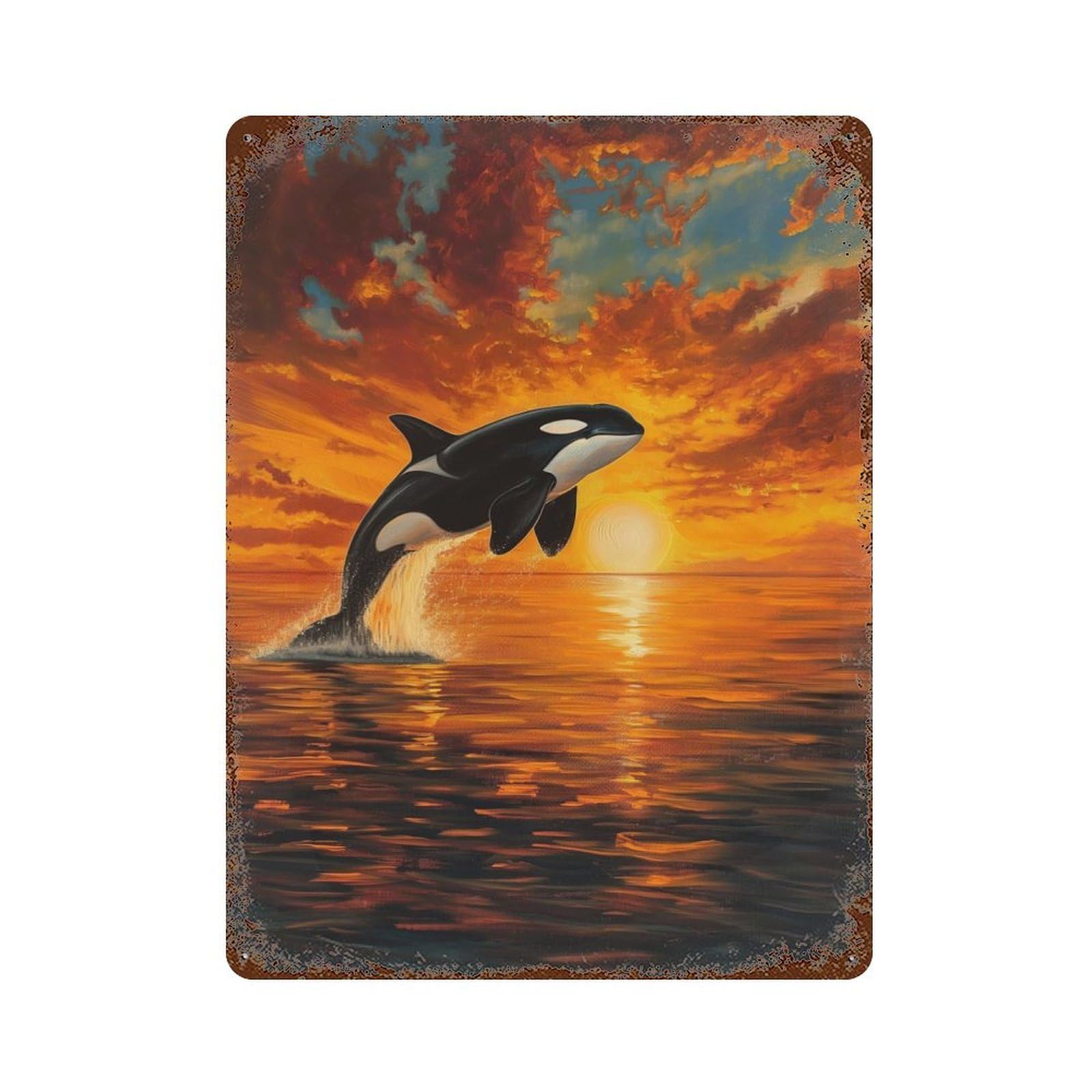 Decorative Tin Sign with Orca Sunset Ocean Scenic Design 15.7"x11.8", for Basement, Hobby Room And Garage Decor, Rustic Home Decor