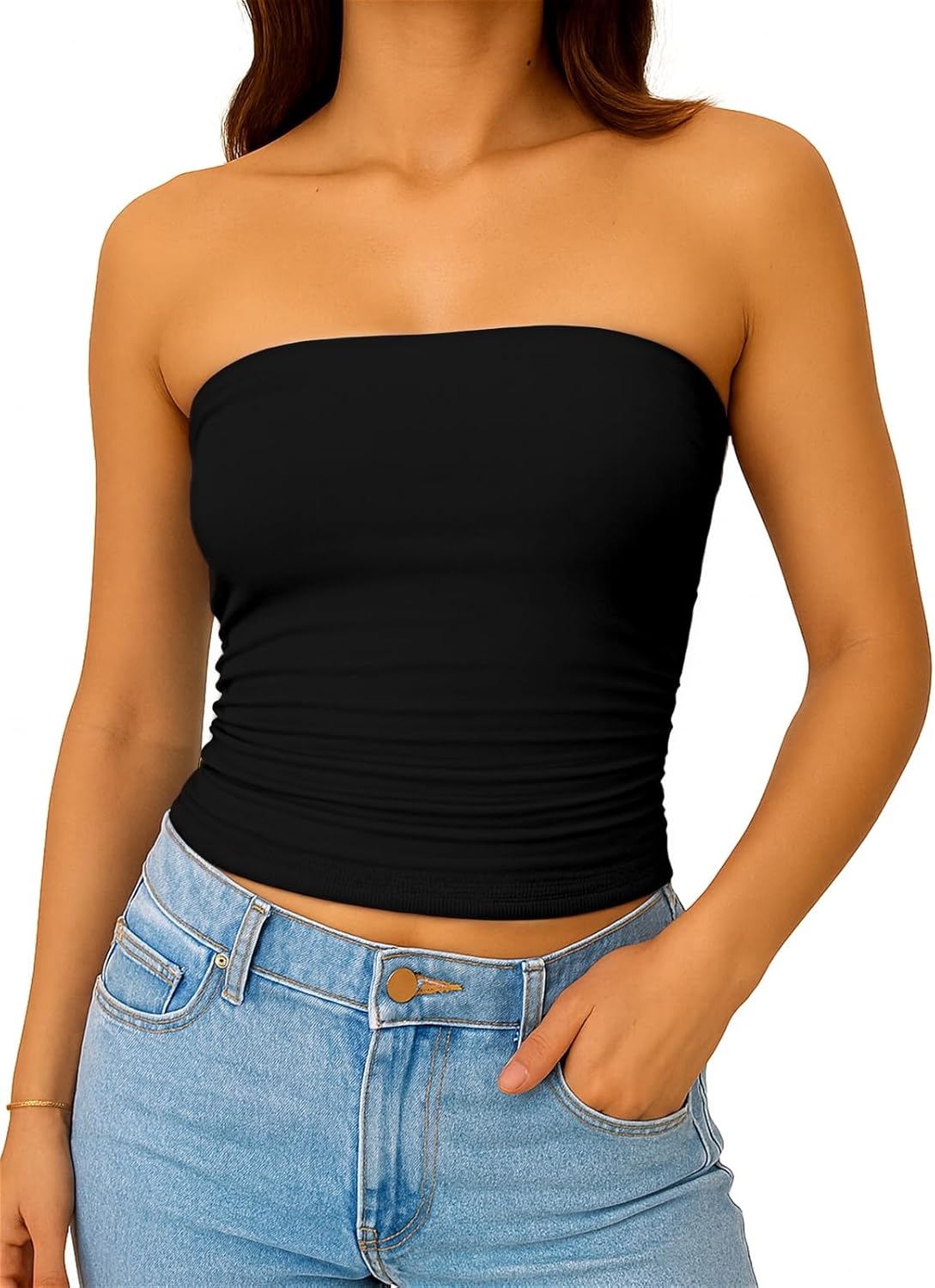 ForeFair Women Strapless Tube Tops Double Lined Ruched Backless Bandeau Going Out Top Basic Tank Tops - Image 5