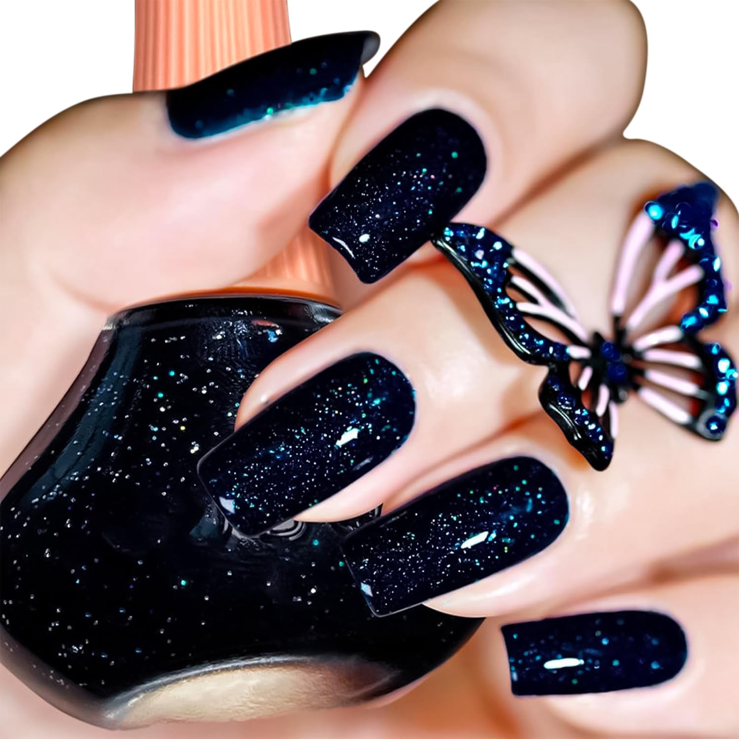 Midnight Blue Glitter Nail Polish, 12ml Glitter Midnight Blue Quick Dry Nail Lacquer for Nail Art Varnish, 0.41 fl oz