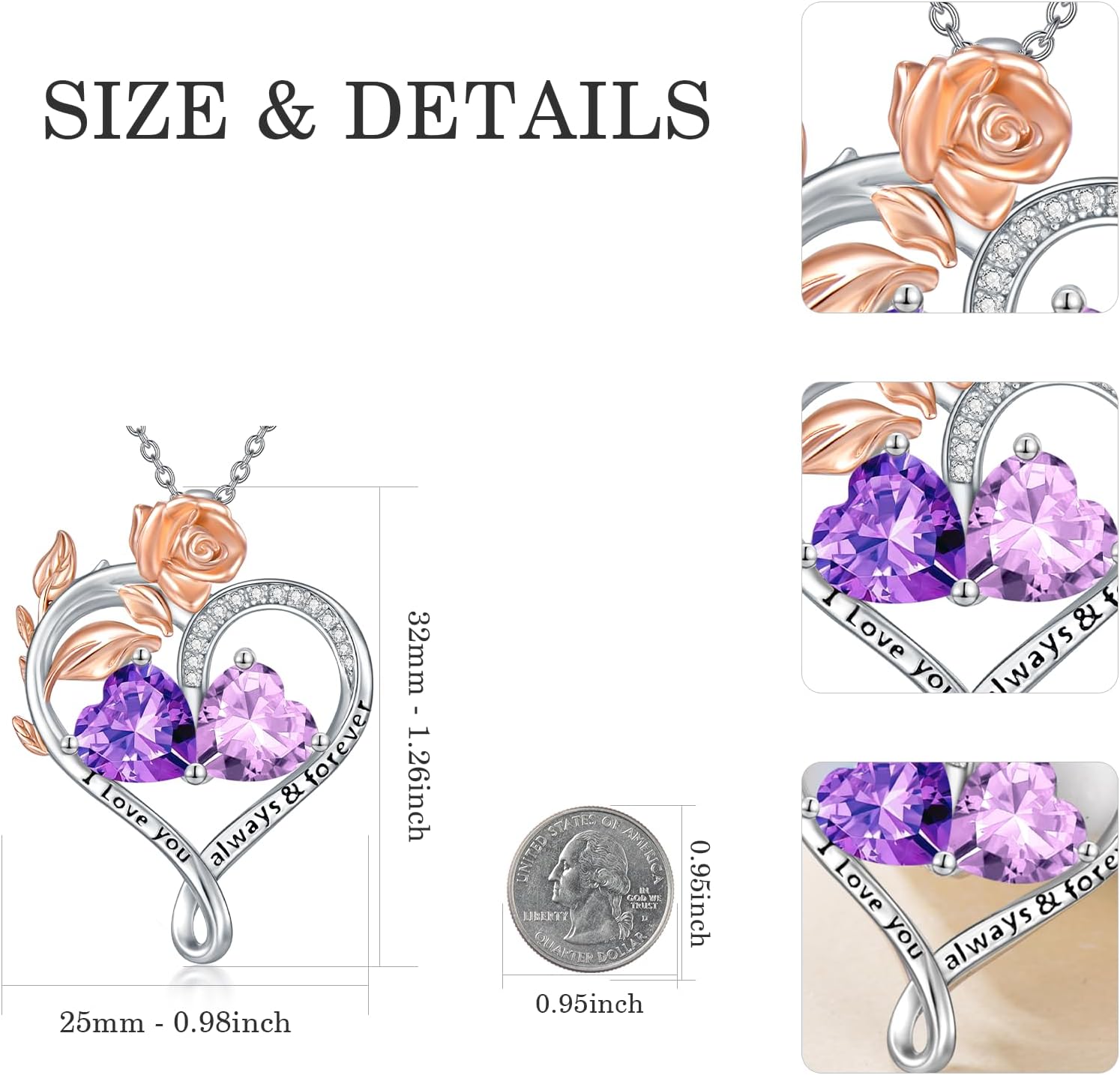 Rose Heart Birthstone Necklace Sterling Silver Two Heart Birthstone Necklace for Women 2 Birthstone Heart Pendant Birthday Christmas Valentine's Day Gift for Wife Mom Lady - Image 3