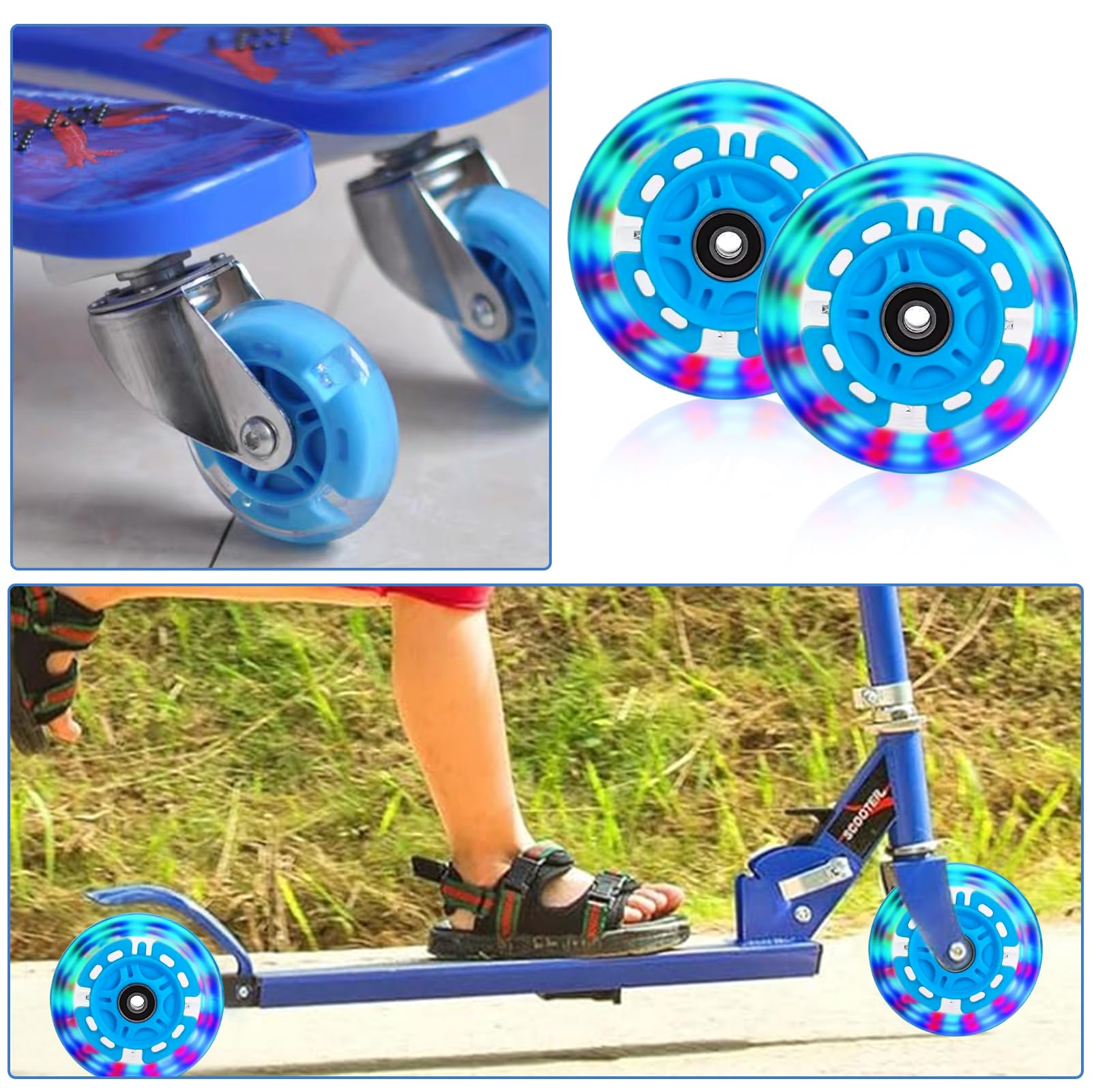 4Pcs Ruota per Monopattino 80MM, Ruote Luminose per Scooter, Ruote di Ricambio per Scooter 80MM, Stunt Scooter Ruote, con Cuscinetti a Sfera ABEC-9, Unisex Adulto (Blu + Nero)