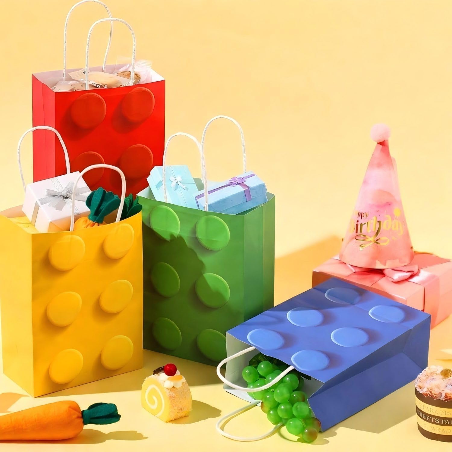 Sabary 36 Pcs Building Block Party Favor Gift Bags, Bricks Candy Treat Paper Bags, Gift Goodie Bag with Handle for Building Block Birthday Party Baby Shower Decoration Supplies