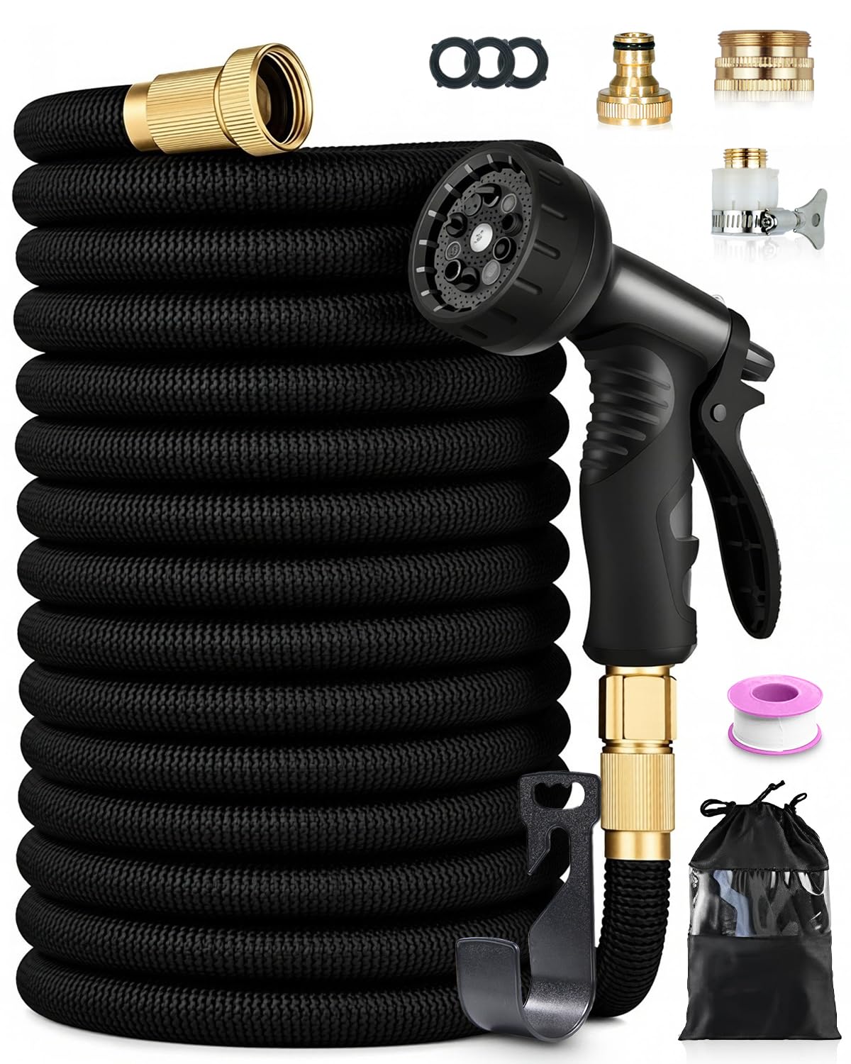 150FT Expandable Garden Hose, 45M Expandable Water Hose for Gardening with 10-Pattern Spray Nozzle, Leak-Proof Flexible Hose Pipe, Kink-Free, 4-Layer Latex Core, 1/2" 3/4" Universal Fittings, Black