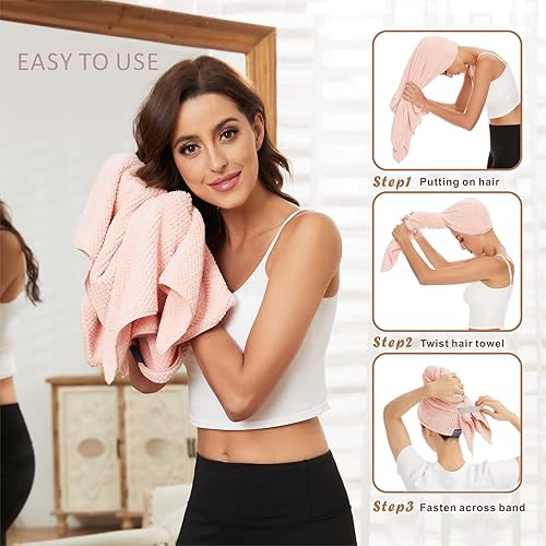 Miniatura 35 de Toalla grande de microfibra para mujer, toalla de secado de cabello antiencrespamiento con correa elástica, secado rápido, súper absorbente, Gris