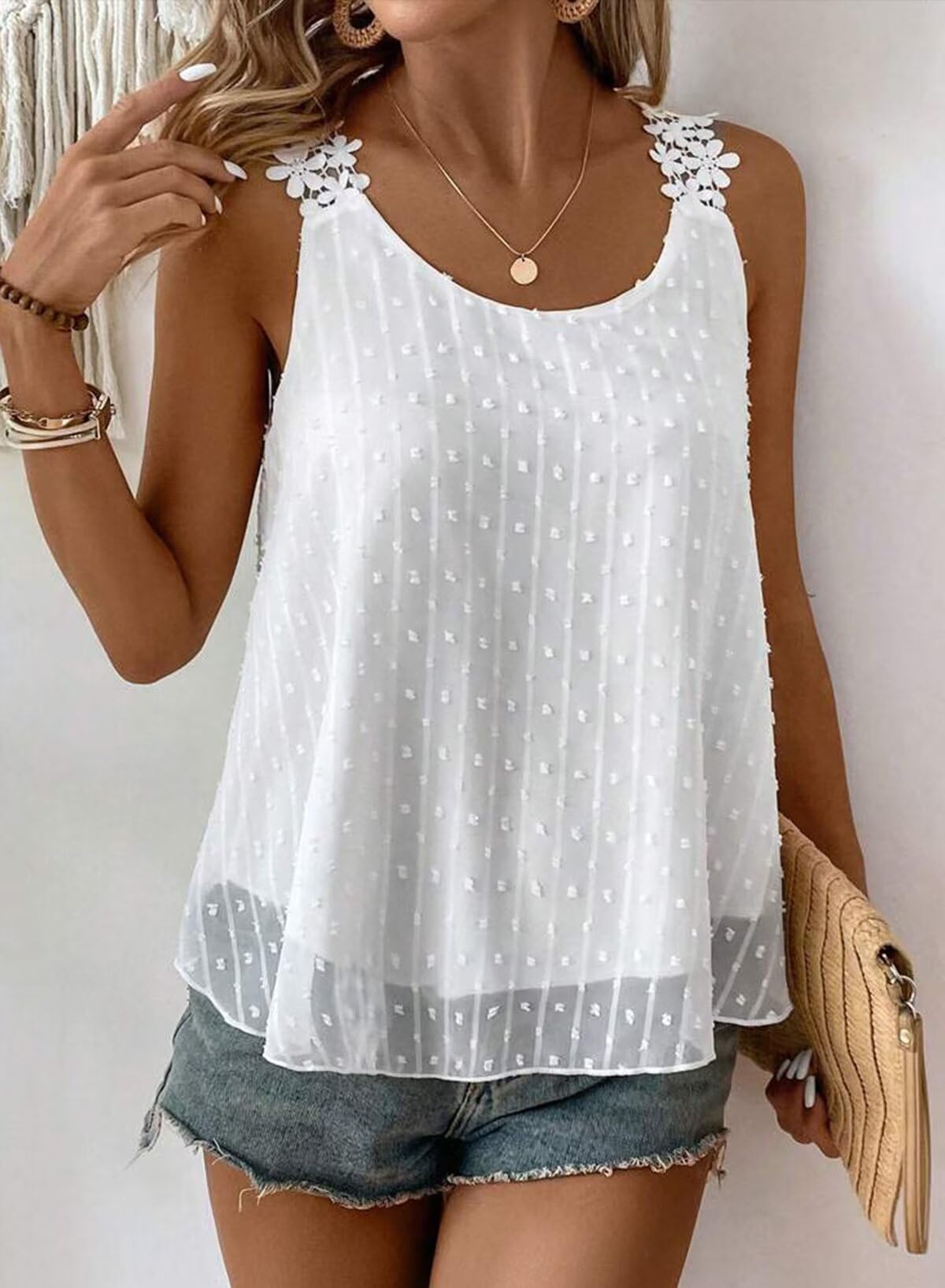 Debardeur Femme Débardeur sans Manche Été Col Rond Caraco Bohème Fluide Floral Élégant Bretelles Lâche Plissé Tank Top