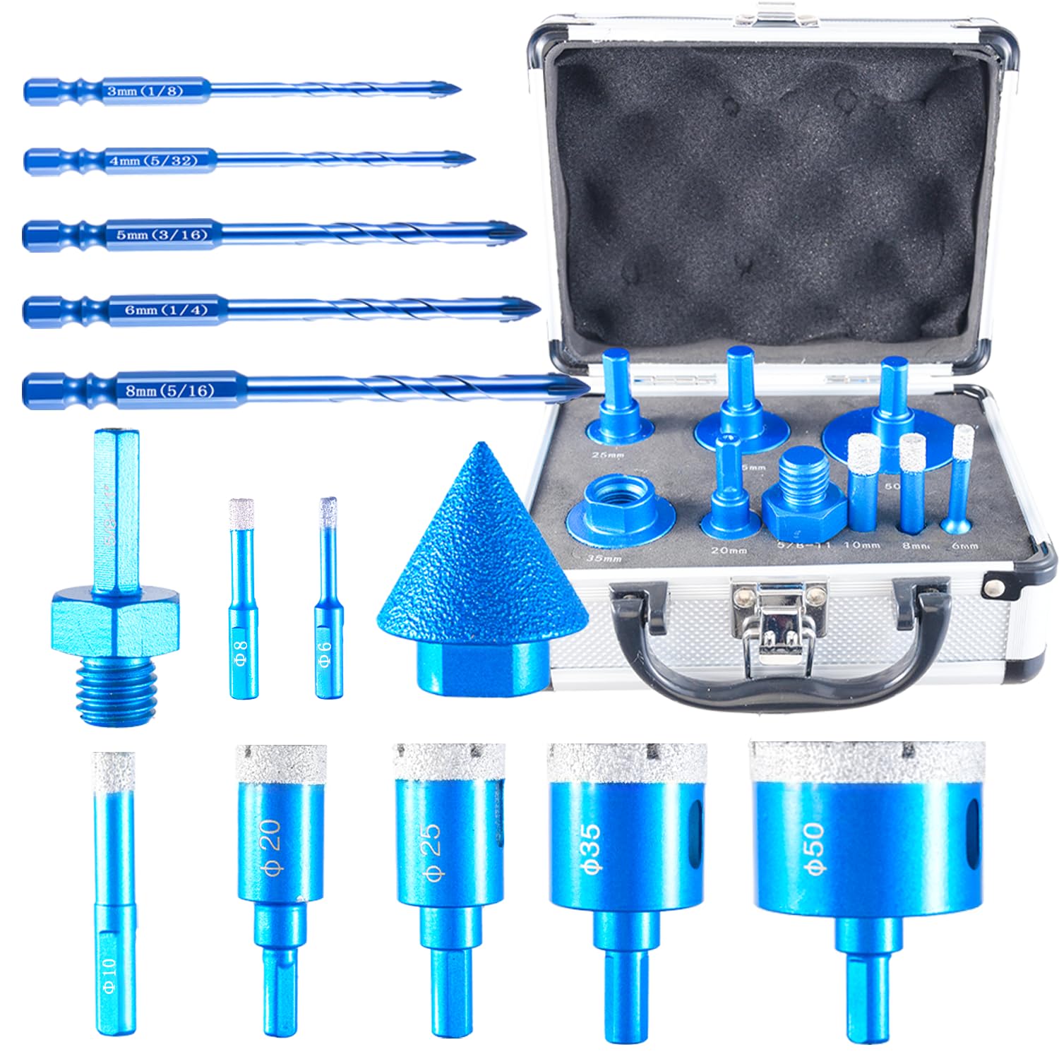 Diamond Core Hole Saw Kit - 3-50mm Dry & Wet Cutting Drill Bits Set for Ceramic Tile, Glass, Granite, Marble with EVA Positioner & Storage Box -14 PCS