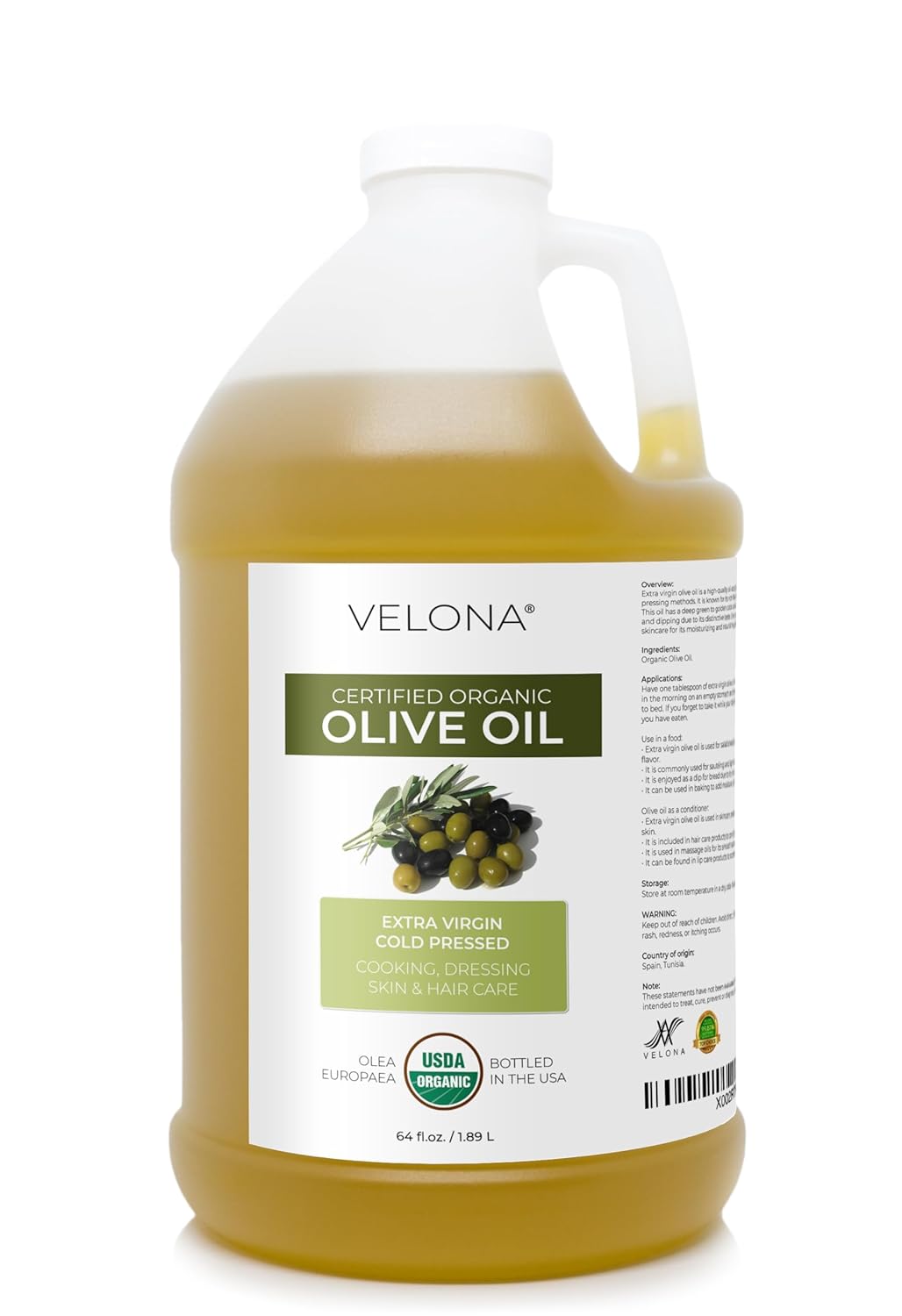 velona USDA Certified Organic Olive Oil - 64 Fl Oz | 100% Pure and Natural Carrier Oil | Extra Virgin, Unrefined, Cold Pressed | Cooking, Dressing, Face, Hair, Body & Skin Care | Use Today - Enjoy Results