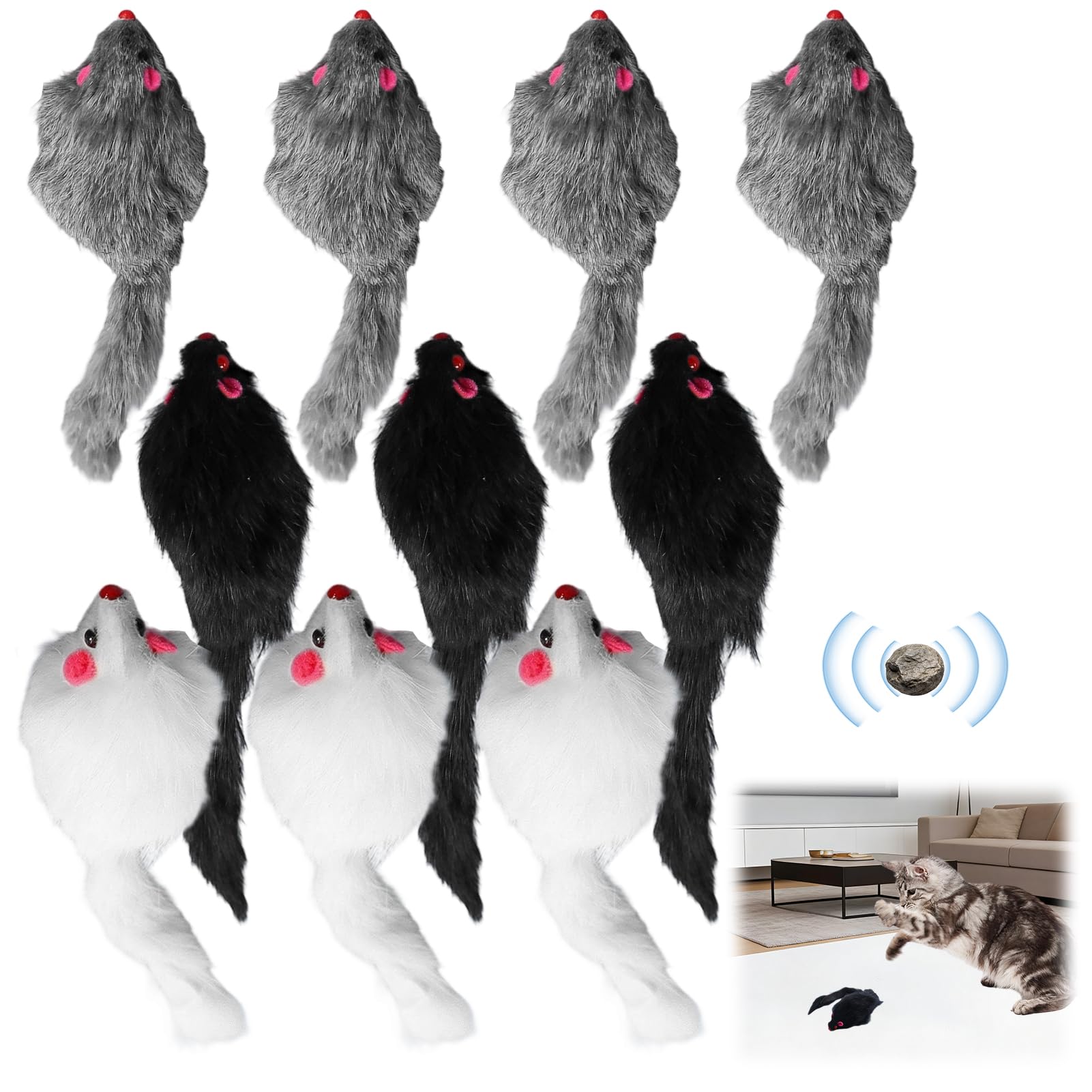 Juego de 10 ratones de juguete con piedra sonora empapada en hierba gatera, juguetes para gatos para todas las razas de gatos, los ingredientes son inofensivos. Paquete mixto de 10 unidades en tres