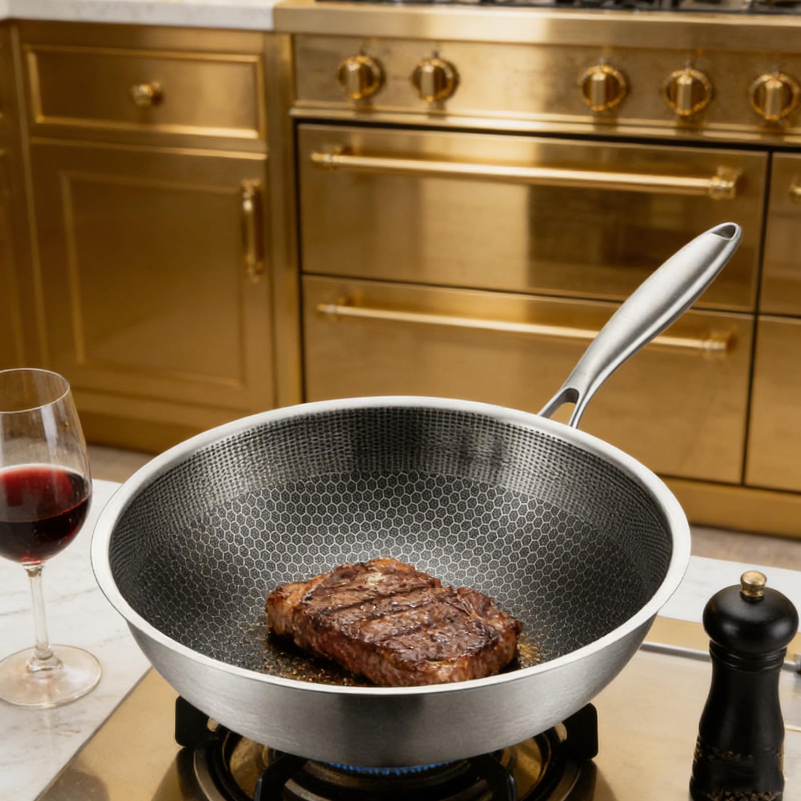 jojofuny Wok in Acciaio Inossidabile con Finitura a Nido D'ape, Padella Profonda Versatile per Cucina su Fornelli a Gas, Distribuzione Uniforme del Calore, Manico Ergonomico