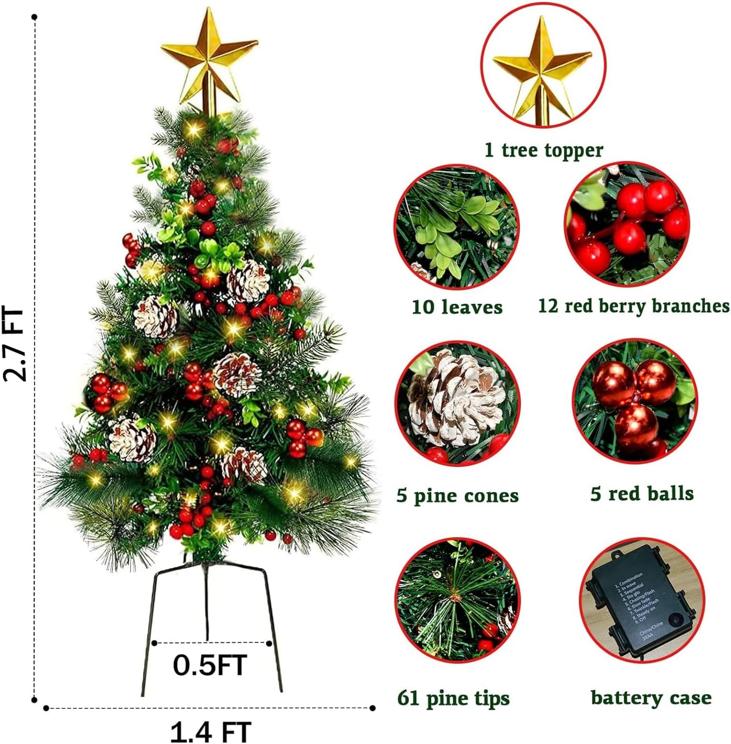 Set of 2 Outdoor Pathway Christmas Tree,2.7FT Pre-Lit Artificial Xmas Trees with Lights,Battery Operated Small Pine Tree,8 Mode,Christmas Decorations for Porch, Yard,Entrance, Grave Ornaments