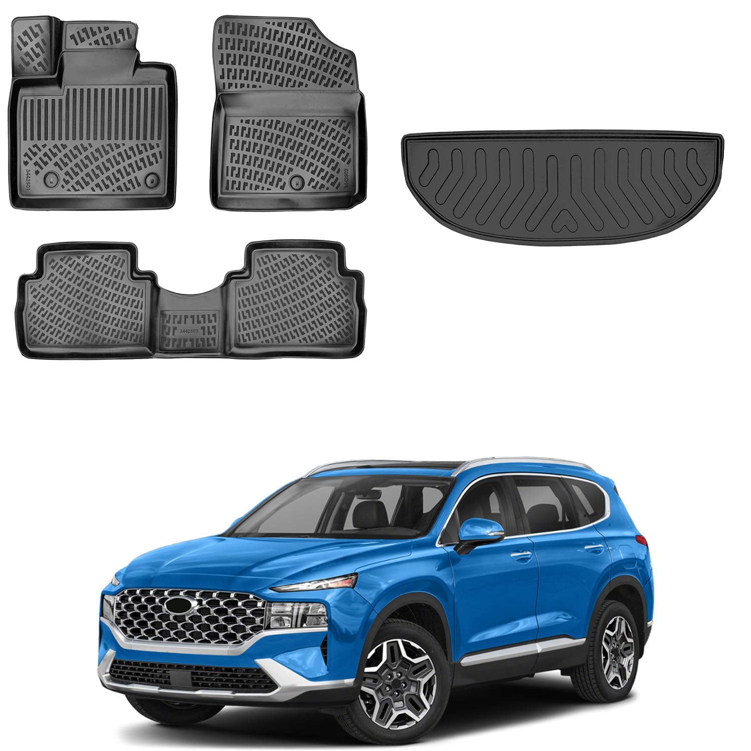 Floor Mats & Cargo Liner Set for Hyundai Santa Fe 2020-2024 Hybrid | Black TPE All Weather Custom Fit Floor Liner for 1st 2nd Rows and Trunk Car Mats