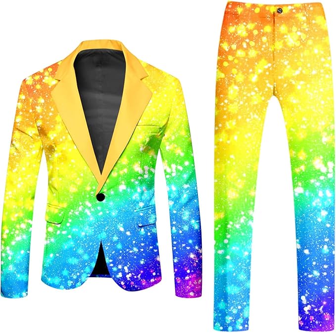 Costume da carnevale da uomo, 2 pezzi, con stampa colorata, slim
