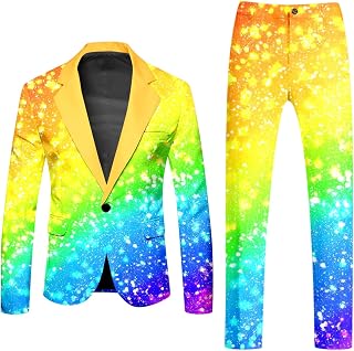 Generisch Traje de colores neón de 2 piezas para hombre, corte ajustado, chaqueta de traje, pantalones de traje, juego de dos piezas, divertido, traje de arcoíris, blazer, juego de blazer neón