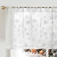 jinchan Snowflake Sheer Christmas Valance 16 Inch Length Winter Xmas Holiday Window Treatment for Kitchen Living Room Home Decor Lightweight Rod Pocket Curtain Panel White