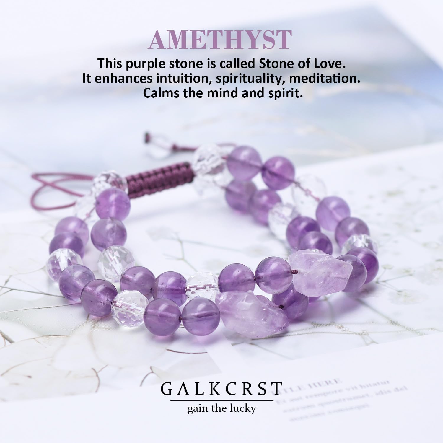 Amethyst Bracelet for Women Healing Crystal Stone Beads Bracelet Amethyst Crystal Clear Quartz Beads Bracelet Boho Bracelet Handmade Amethyst Jewelry Gift for Her for Calming and Purify - Image 3