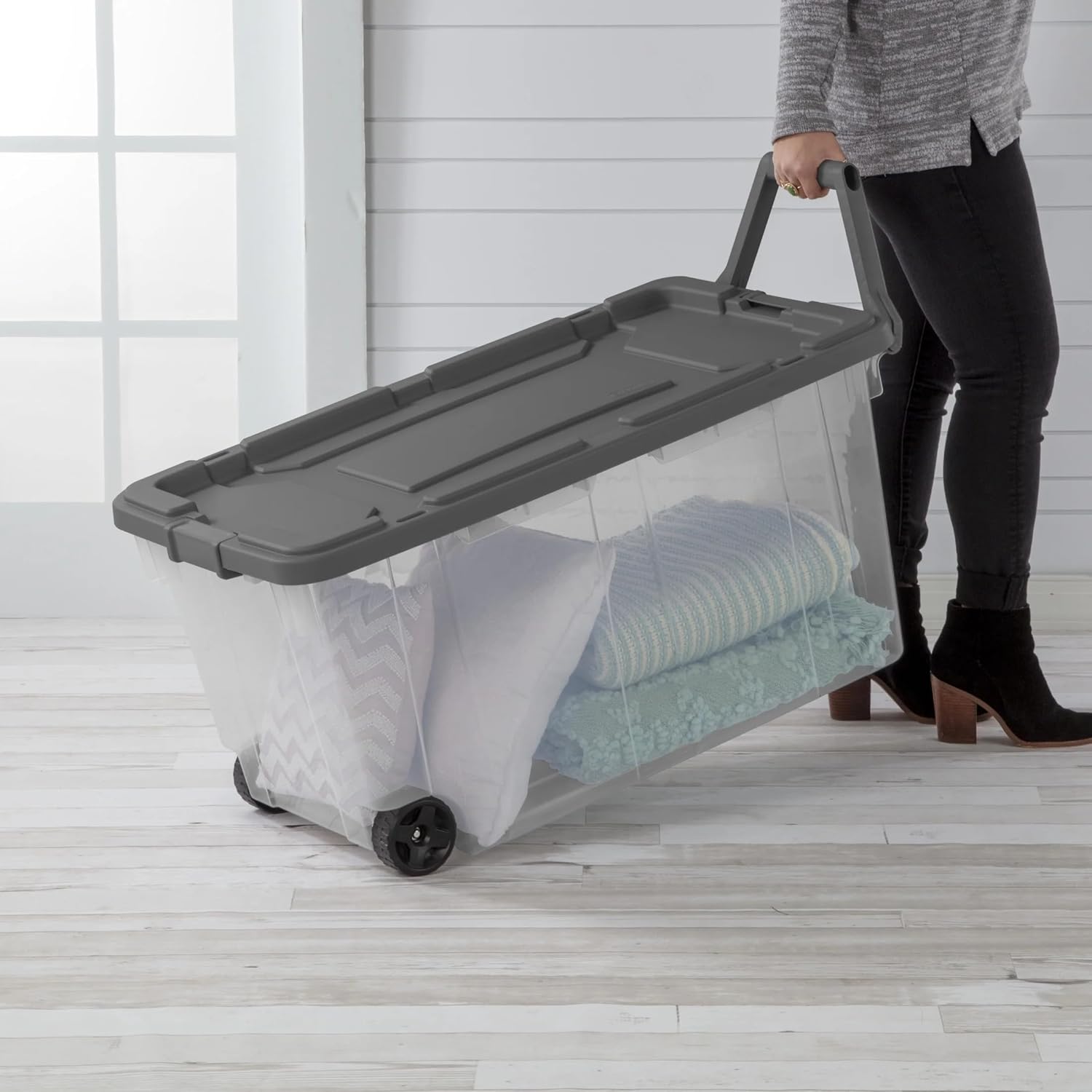 160 Quart Wheeled Storage Bin with Latching Lid, Extra Large Heavy Duty Clear Plastic Stackable Tote on Wheels, Rolling Storage Container with Pull Handle for Home Organization, Gray