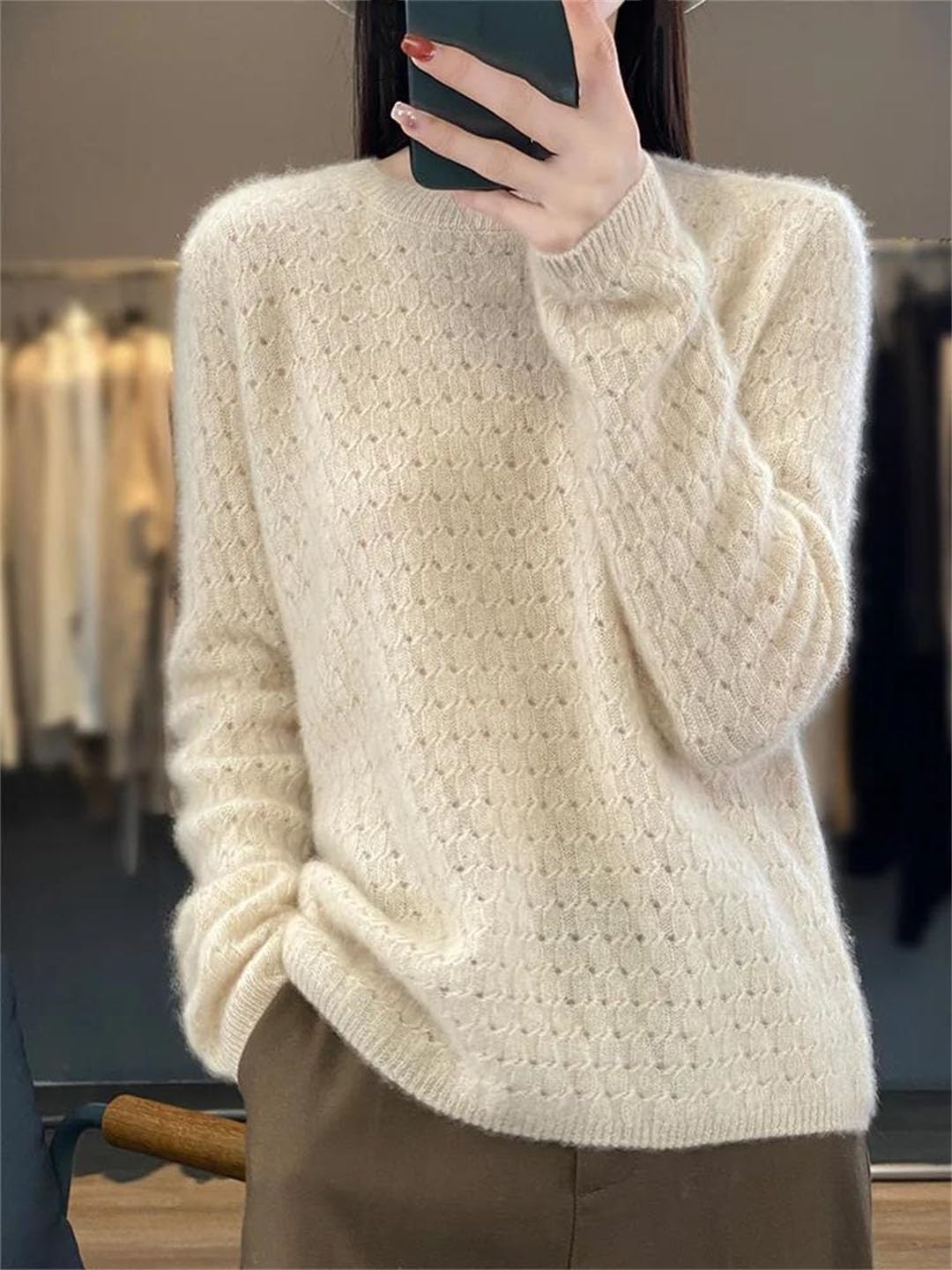 Vogrtcc Maglione di Lana A Maniche Lunghe con Scollo A O da Donna Top Pullover in Maglia Oversize Larghi E Casual