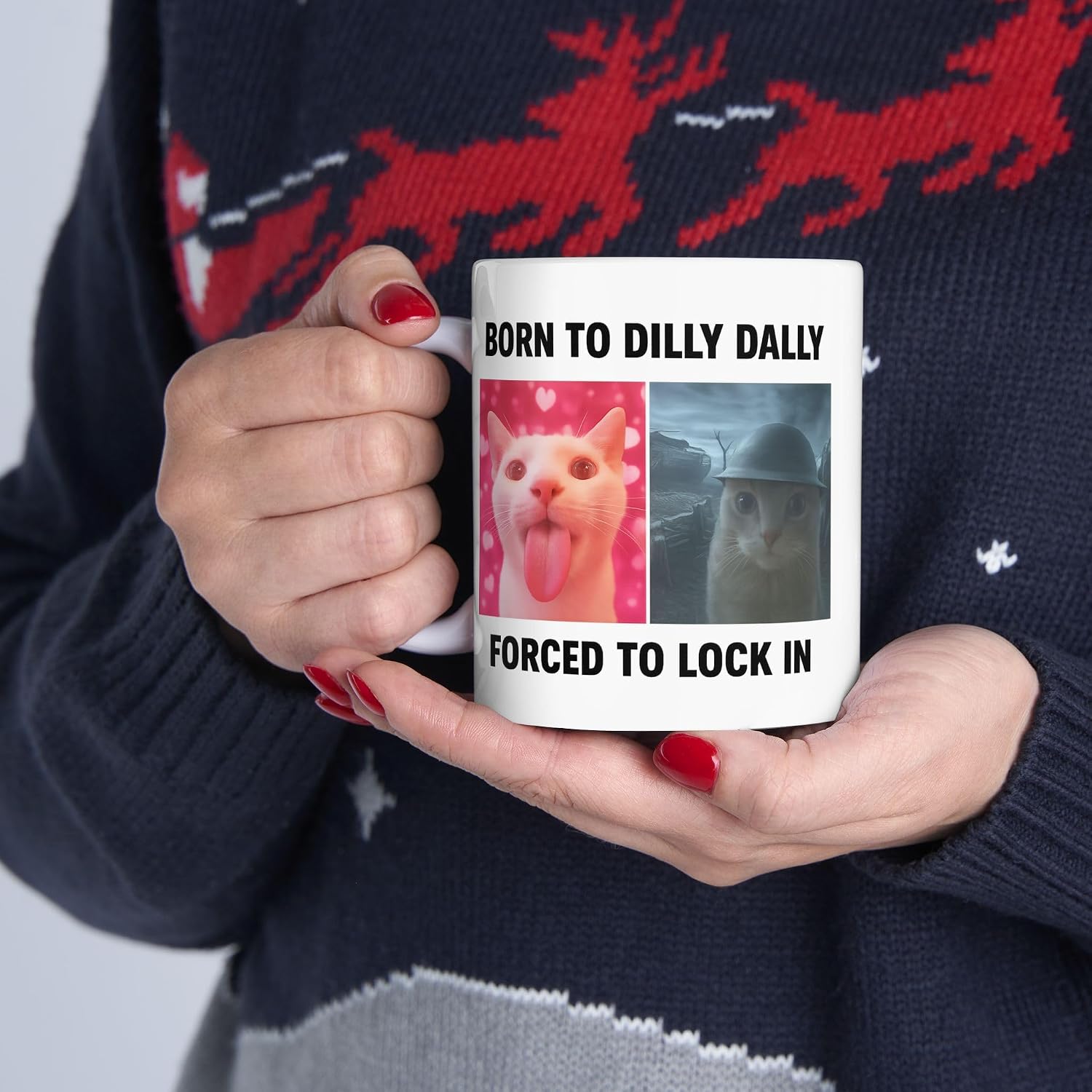 Born To Dilly Dally Forced To Lock In Funny Coffee Mug, Novelty Coffee Mugs, Cute Coffee Mugs - Viral Cat Meme Cup Gift for Friends & Cowokers - Microwave & Dishwasher Safe Ceramic Cup | 11oz