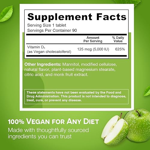 Miniatura 2 de EZ Melts D3 5000 IU vitaminas solubles cero azúcar sabor natural a manzana libre de GMO pastillas de disolución rápida salud ósea e inmunitaria