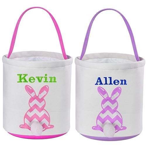 VAPCUFF - 2 cestas de Pascua personalizadas para niños, bolsas de cesta de Pascua rosa y morado, regalos de Pascua, cesta de conejo de Pascua, cesta