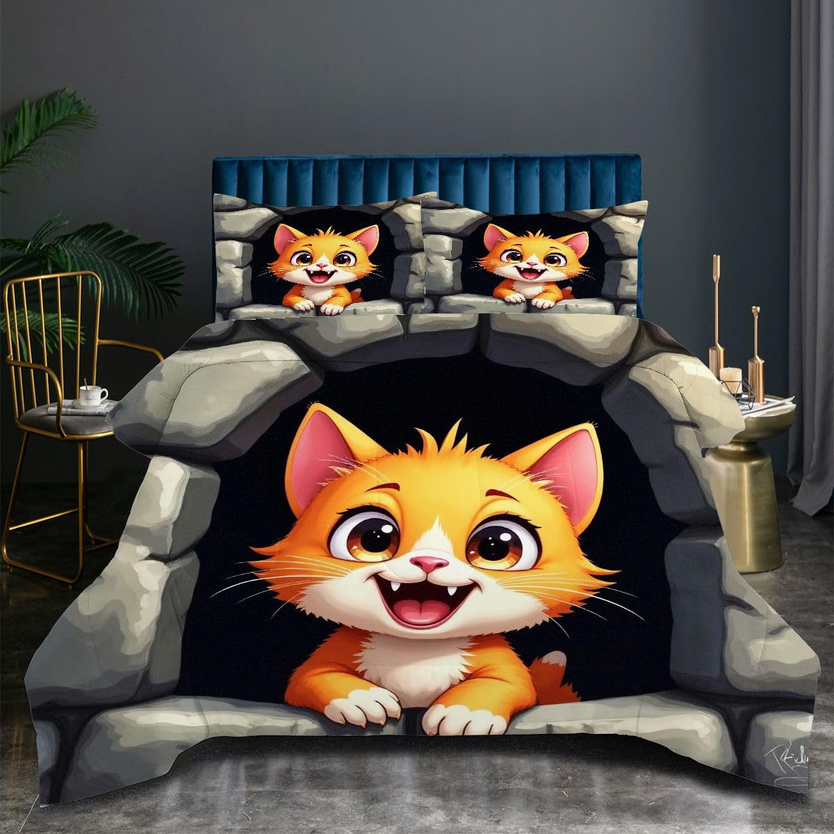 Edredón 135x200 cm Gatito De Dibujos Animados, Reversible Juego de Cama 135x200 en Microfibra, 3D Impresión Nórdico con 2 Funda de Almohada 50x75