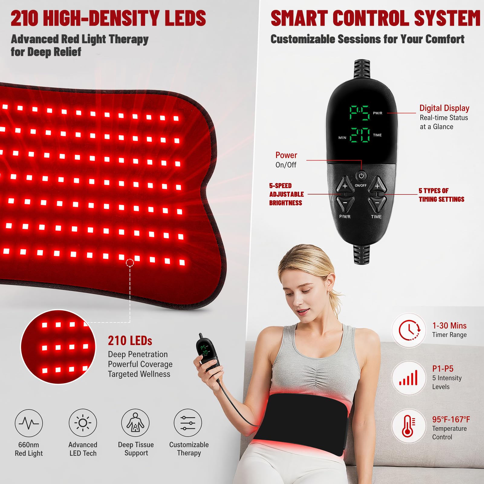 Tappetino a infrarossi con 210 LED, 660 nm e 850 nm Red Light Therapy per il corpo, terapia della luce rossa con 5 livelli di luminosità e 5 impostazioni di tempo per gambe, schiena, vita, scuola, 80